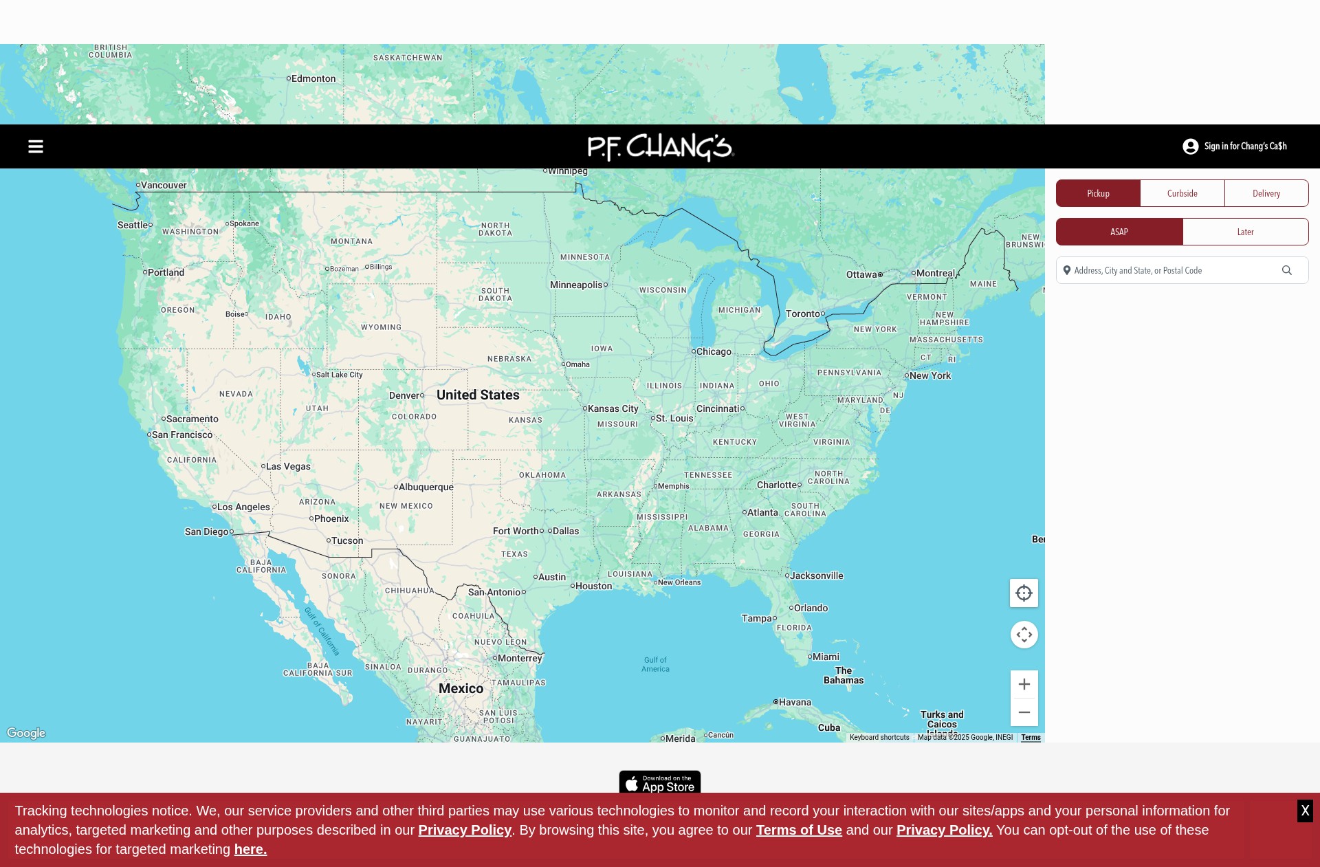 Screenshot of order.pfchangs.com