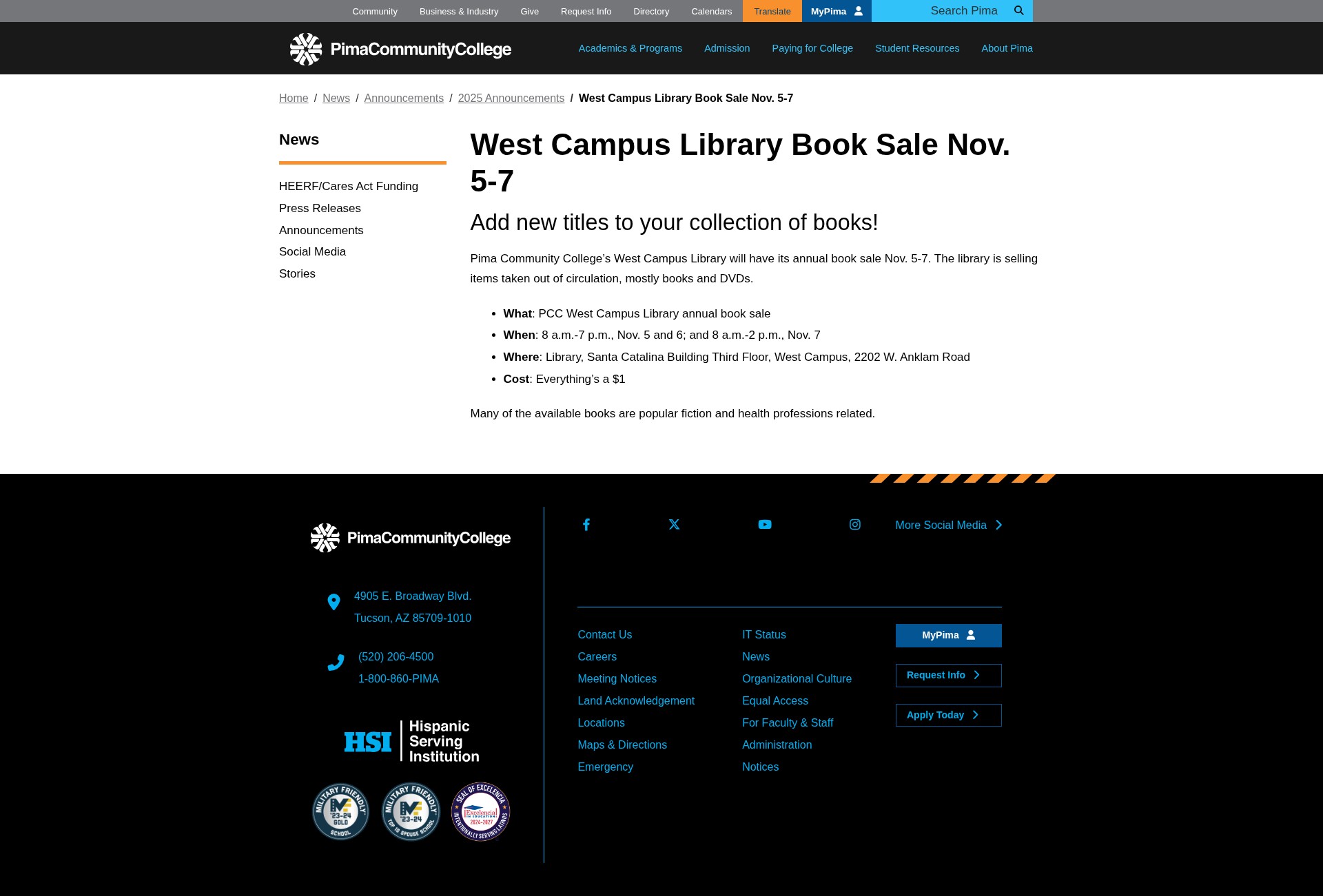 Screenshot of pima.edu
