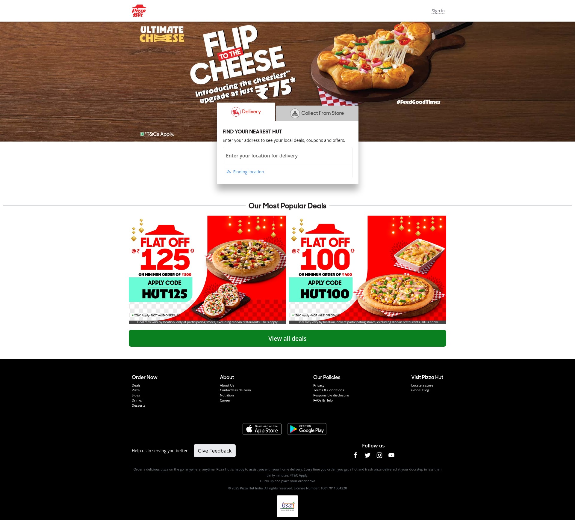 Screenshot of pizzahut.co.in