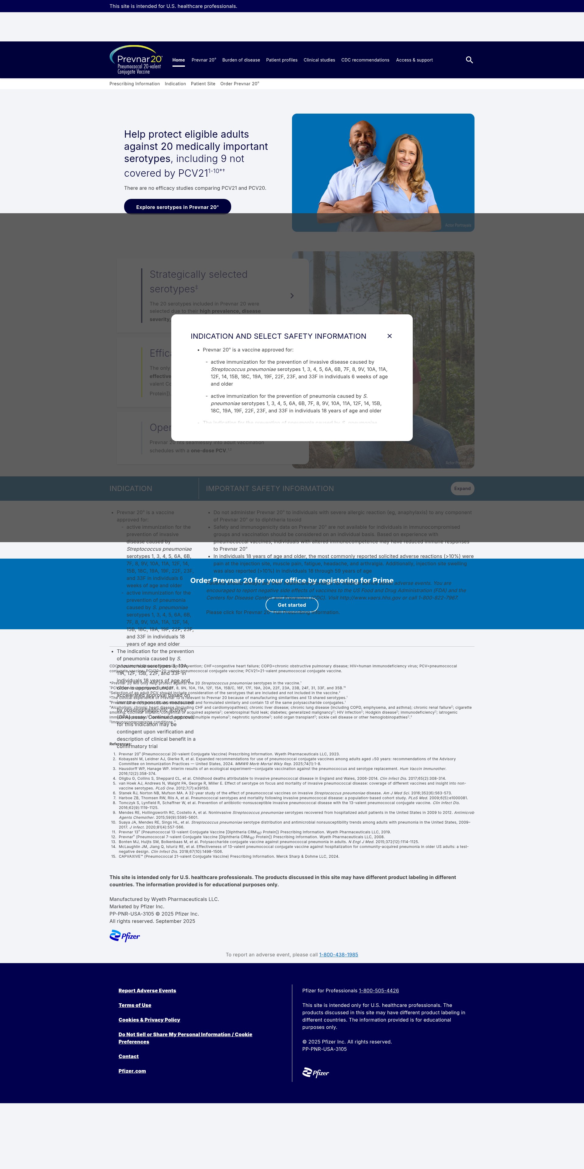 Screenshot of prevnar20adult.pfizerpro.com