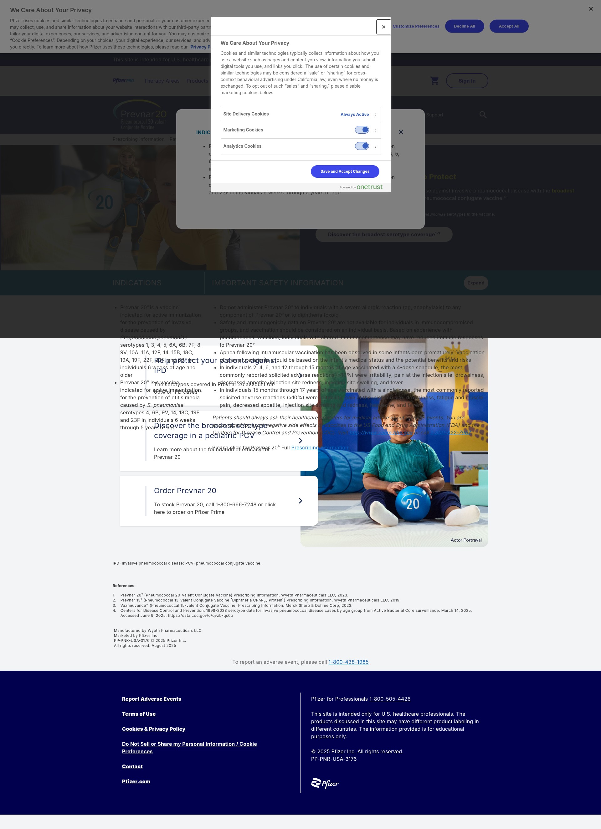 Screenshot of prevnar20pediatric.pfizerpro.com