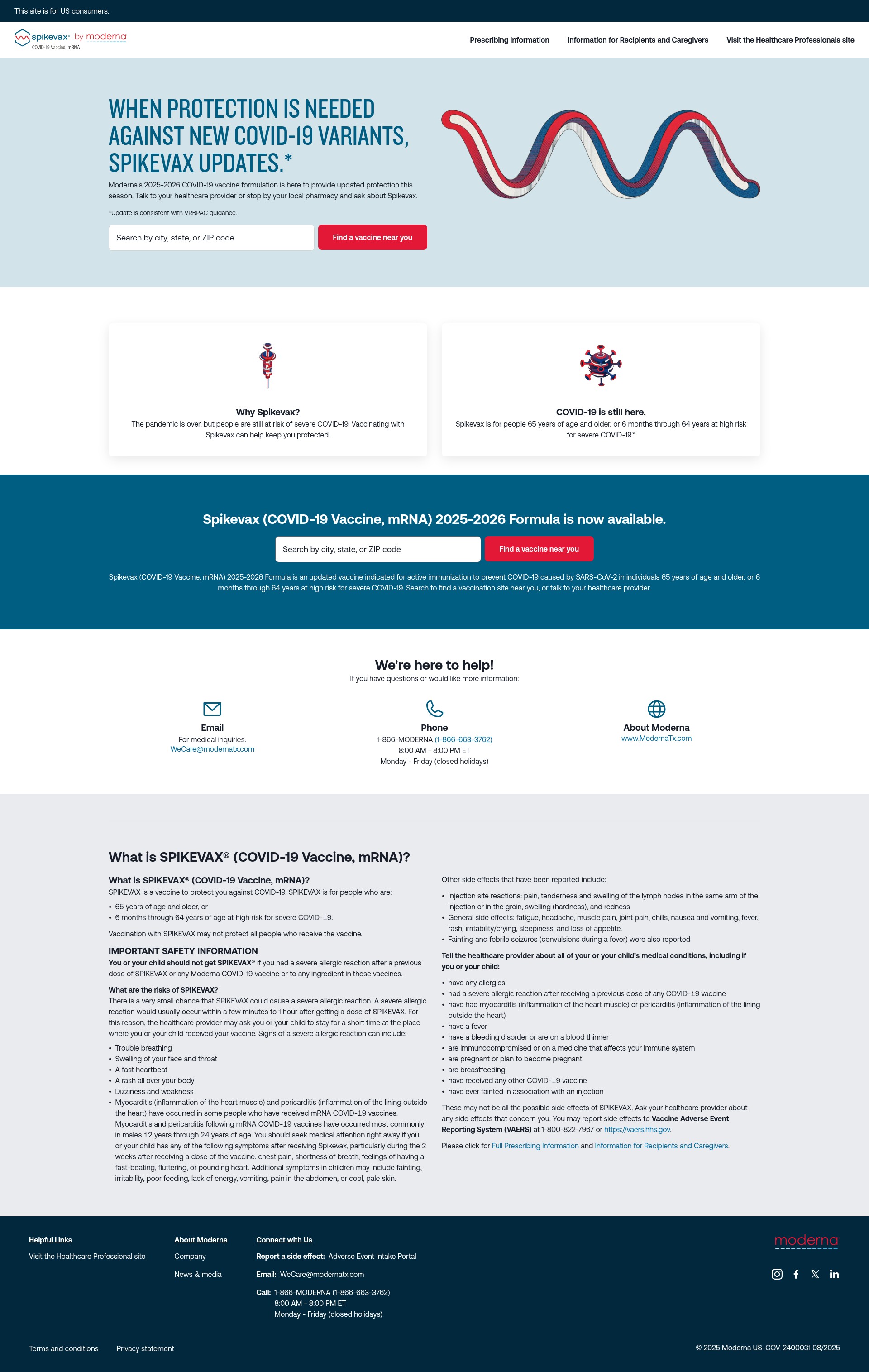 Screenshot of products.modernatx.com
