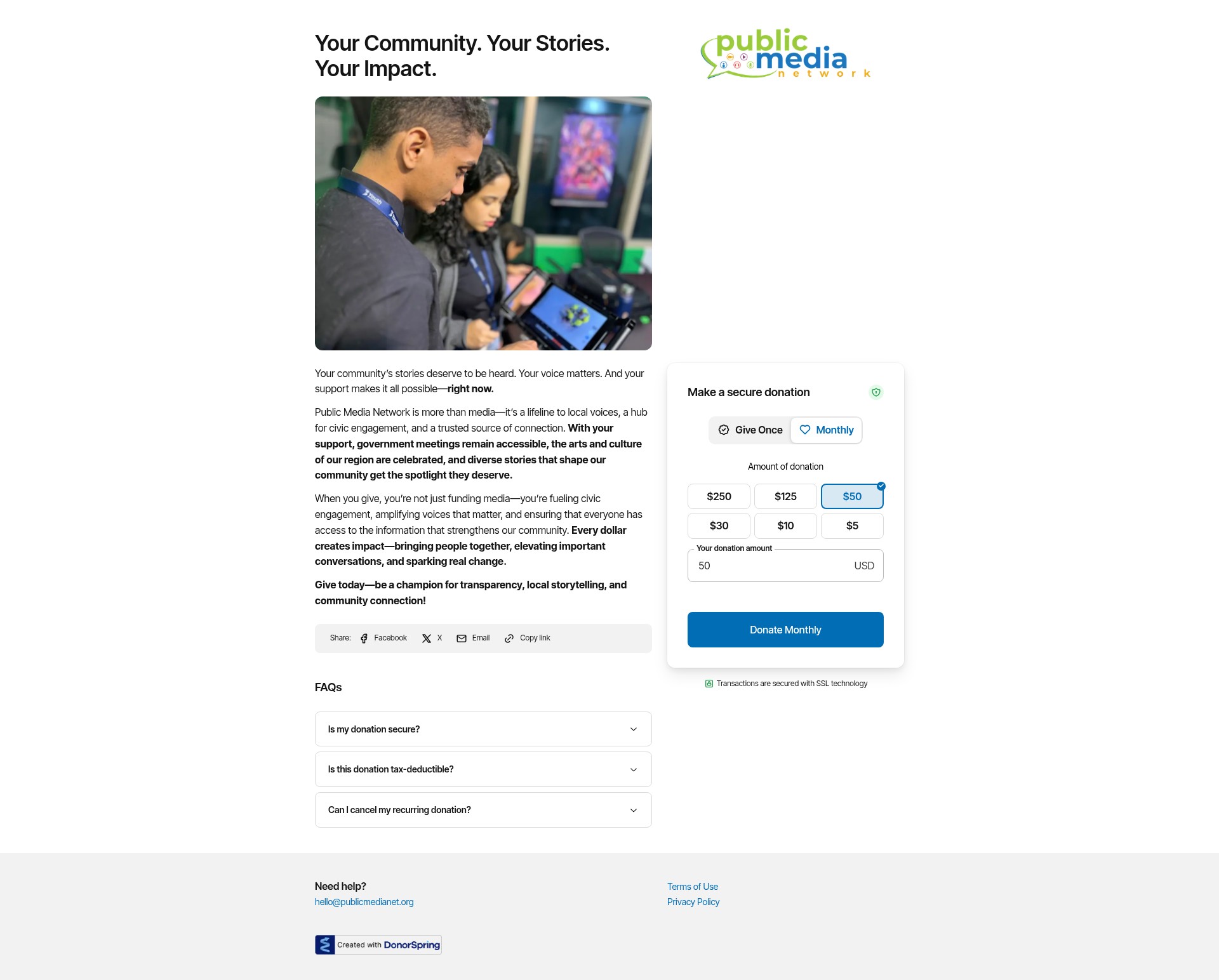 Screenshot of publicmedianet.supporterfund.org
