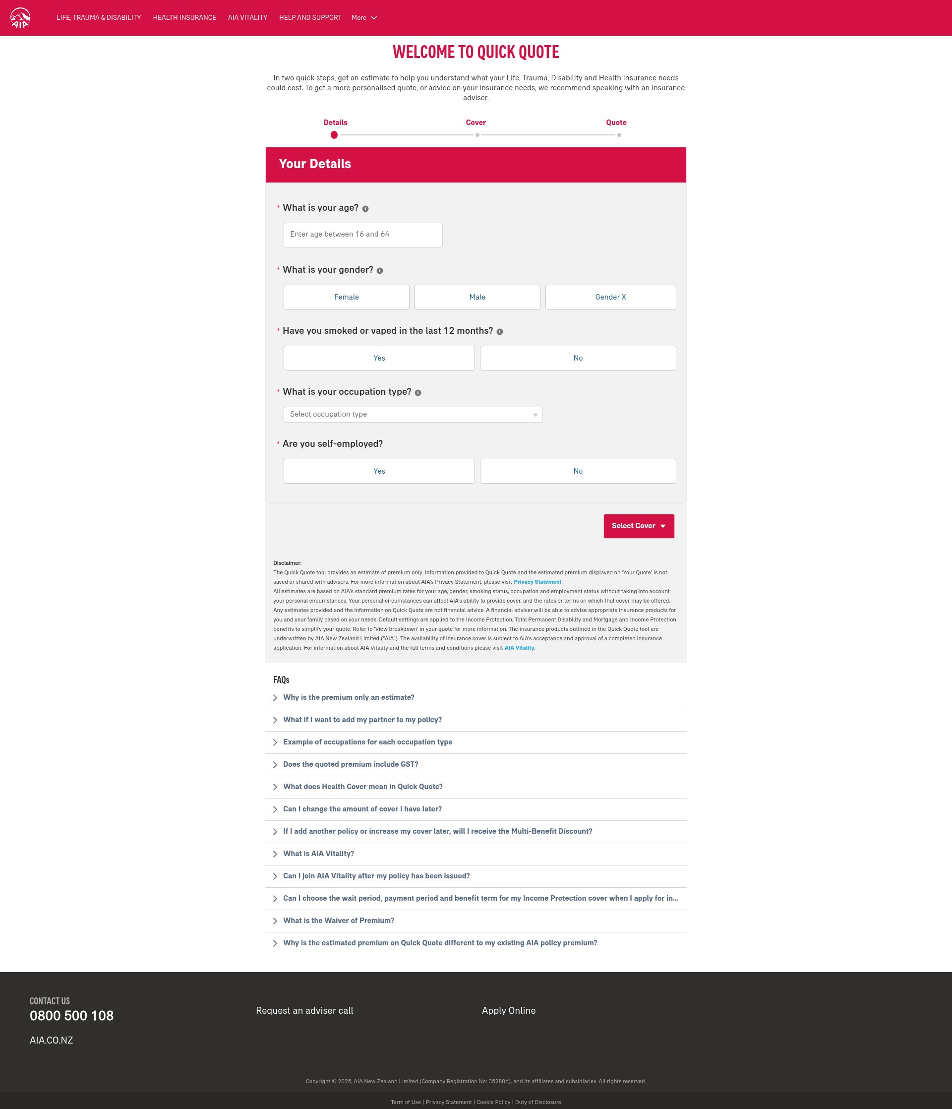 Screenshot of quickquote.aia.co.nz