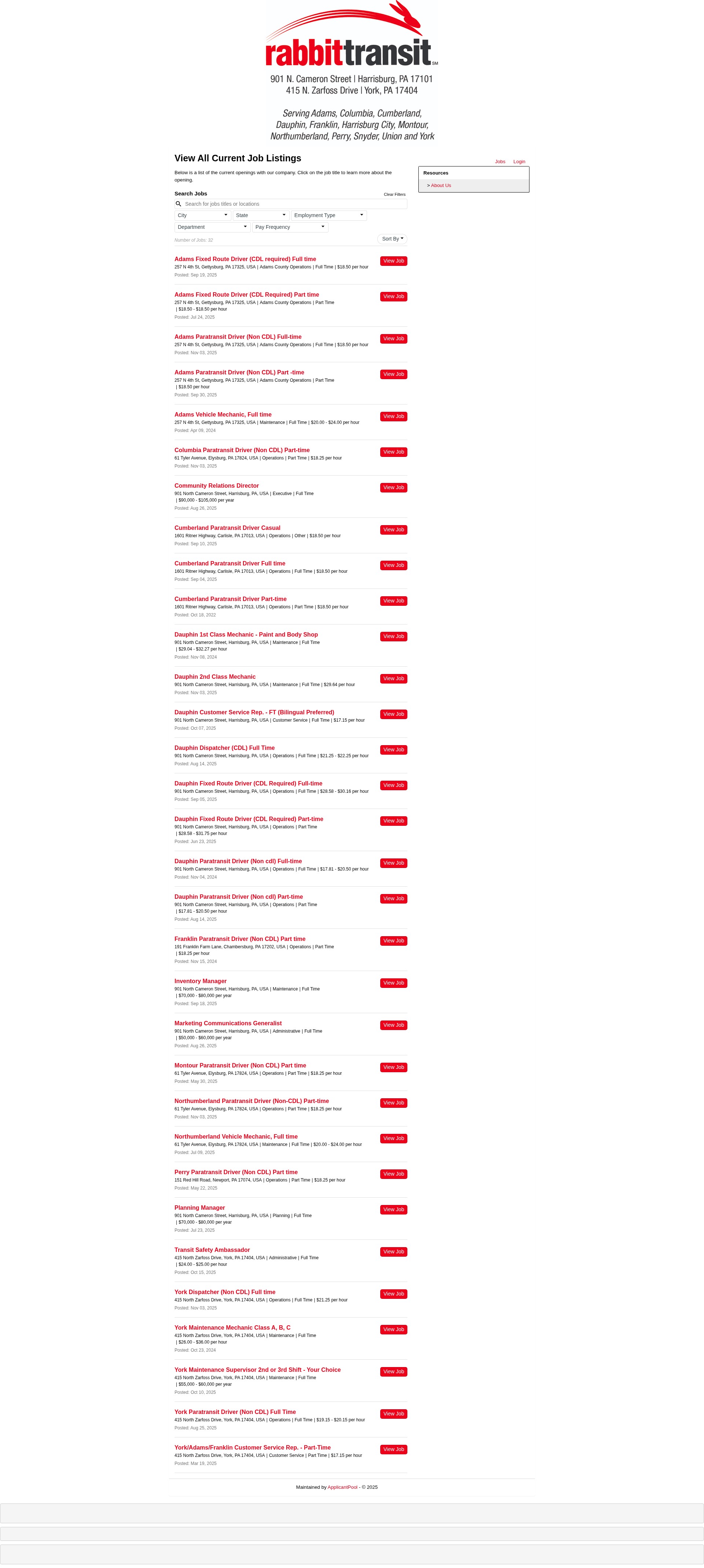 Screenshot of rabbittransit.applicantpool.com