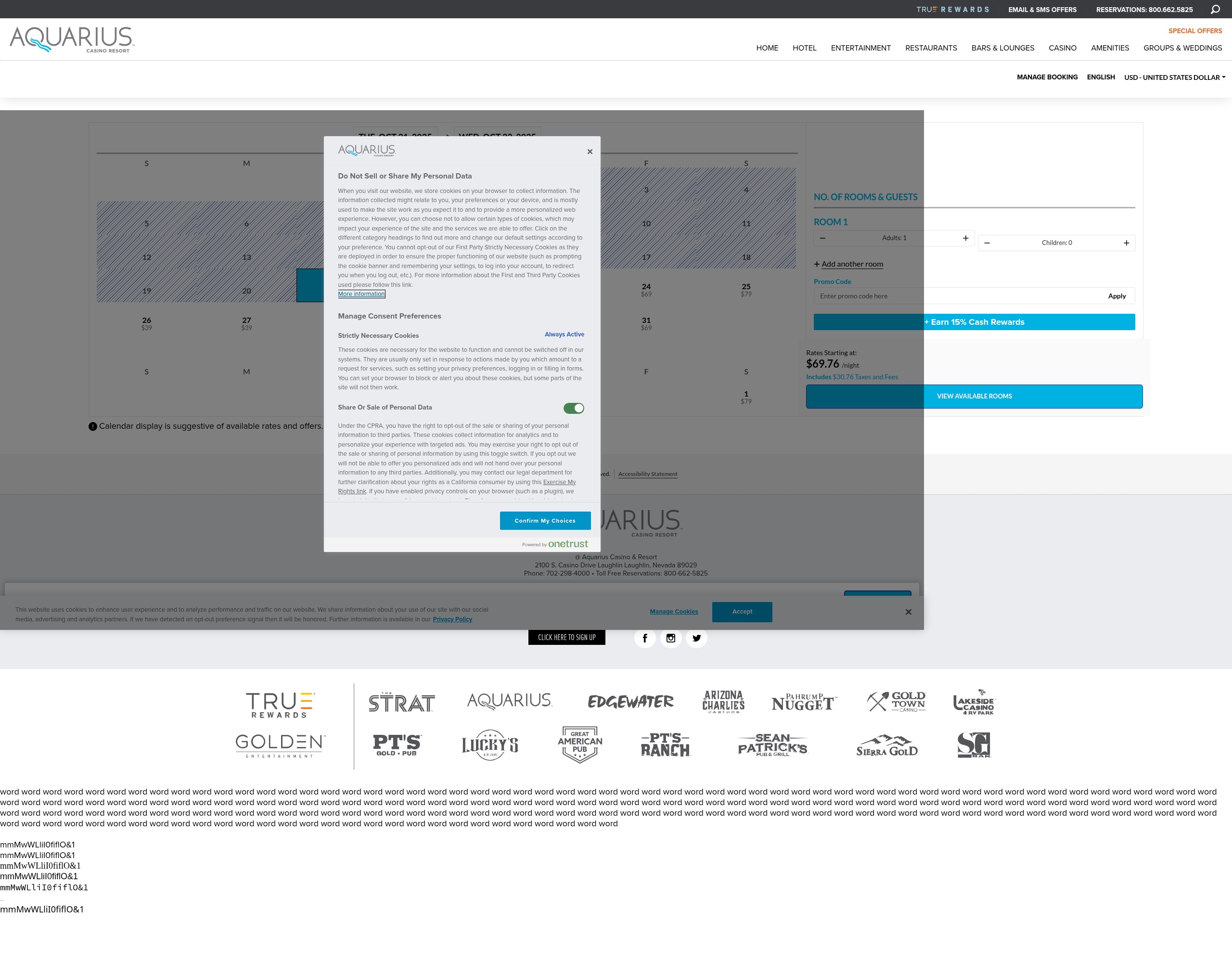 Screenshot of reservations.aquariuscasinoresort.com
