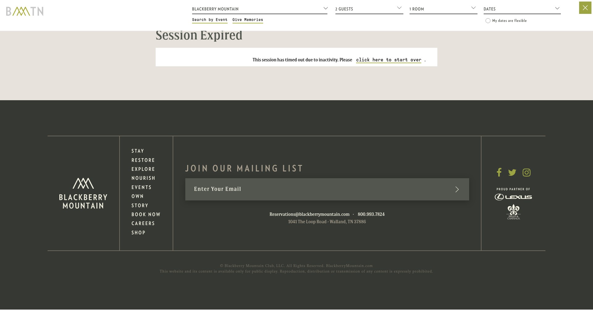 Screenshot of reservations.blackberrymountain.com