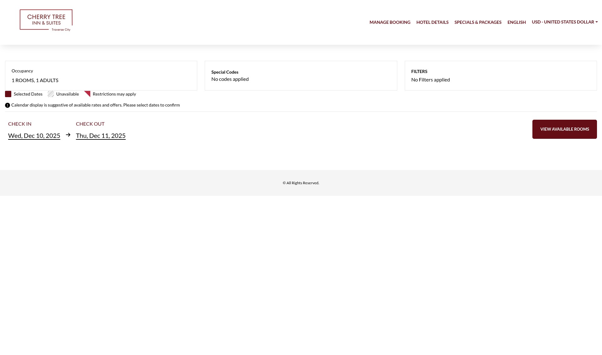 Screenshot of reservations.cherrytreeinn.com