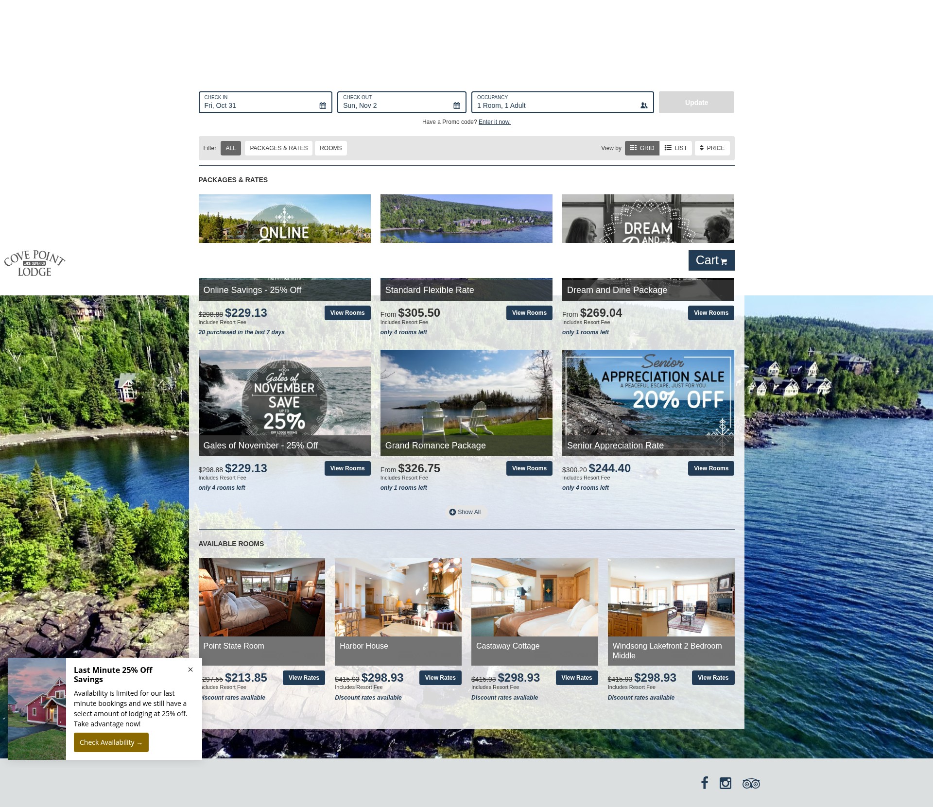 Screenshot of reservations.covepointlodge.com