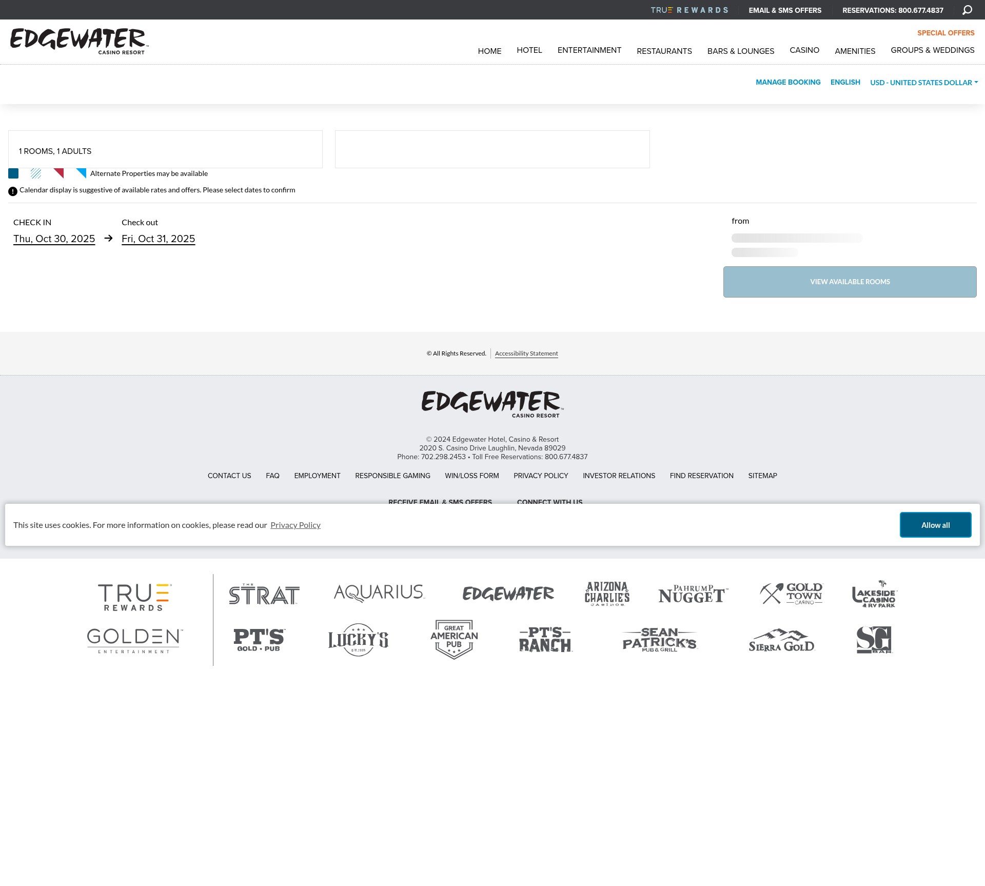 Screenshot of reservations.edgewater-casino.com