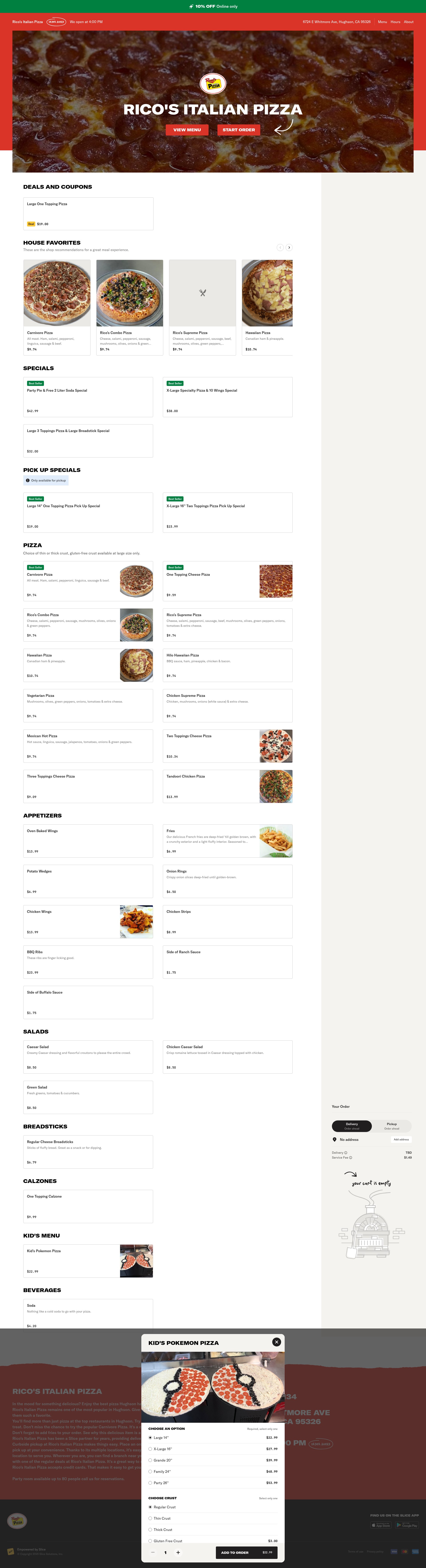 Screenshot of ricospizzahughson.com