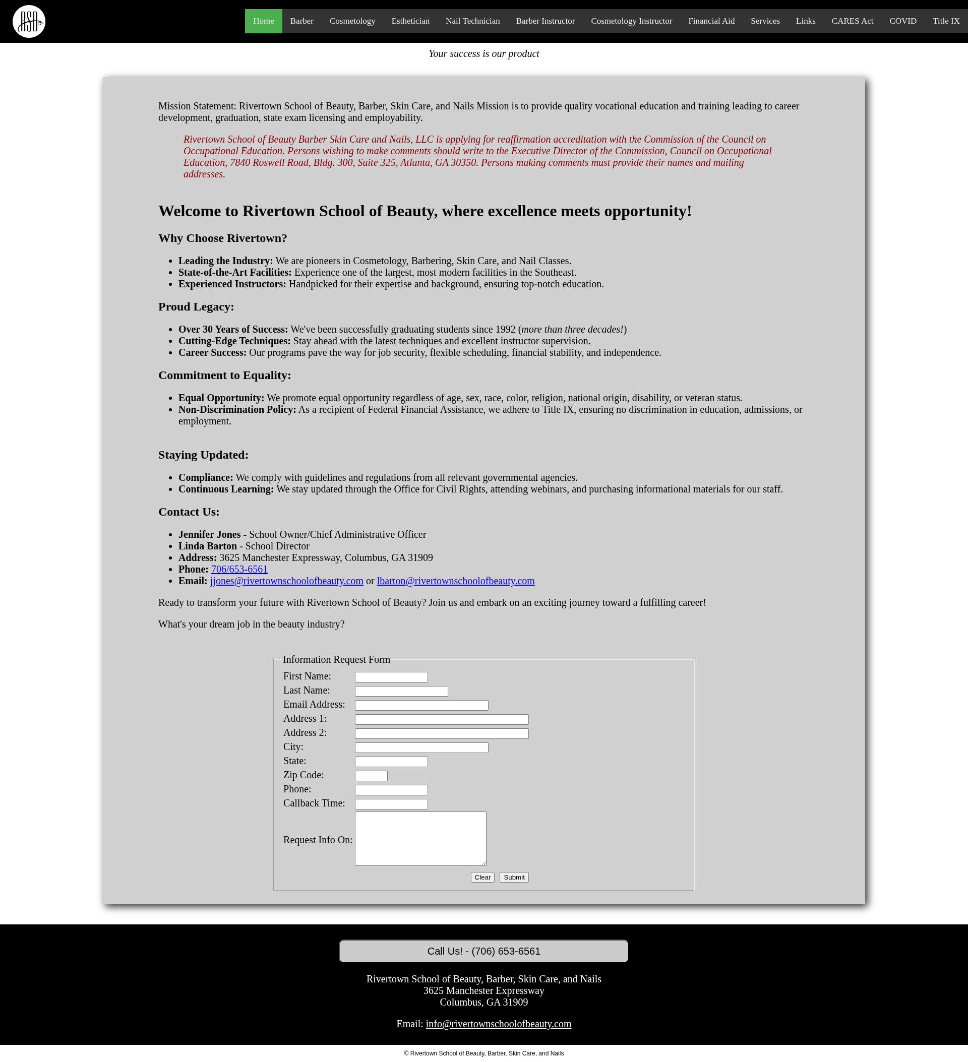 Screenshot of rivertownschoolofbeauty.com