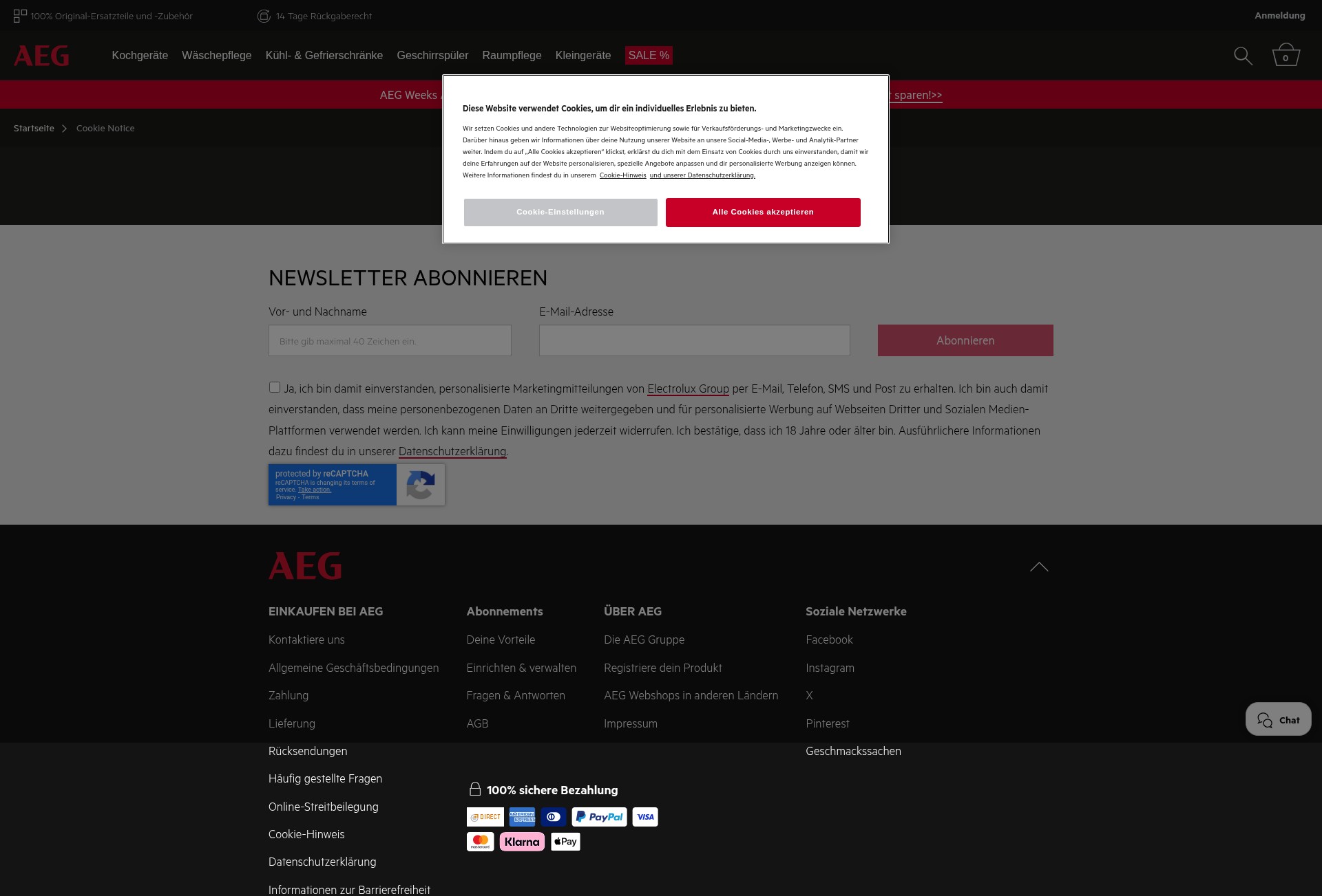 Screenshot of shop.aeg.de