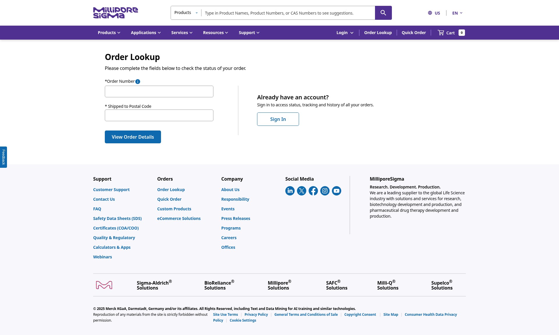 Screenshot of sigmaaldrich.com