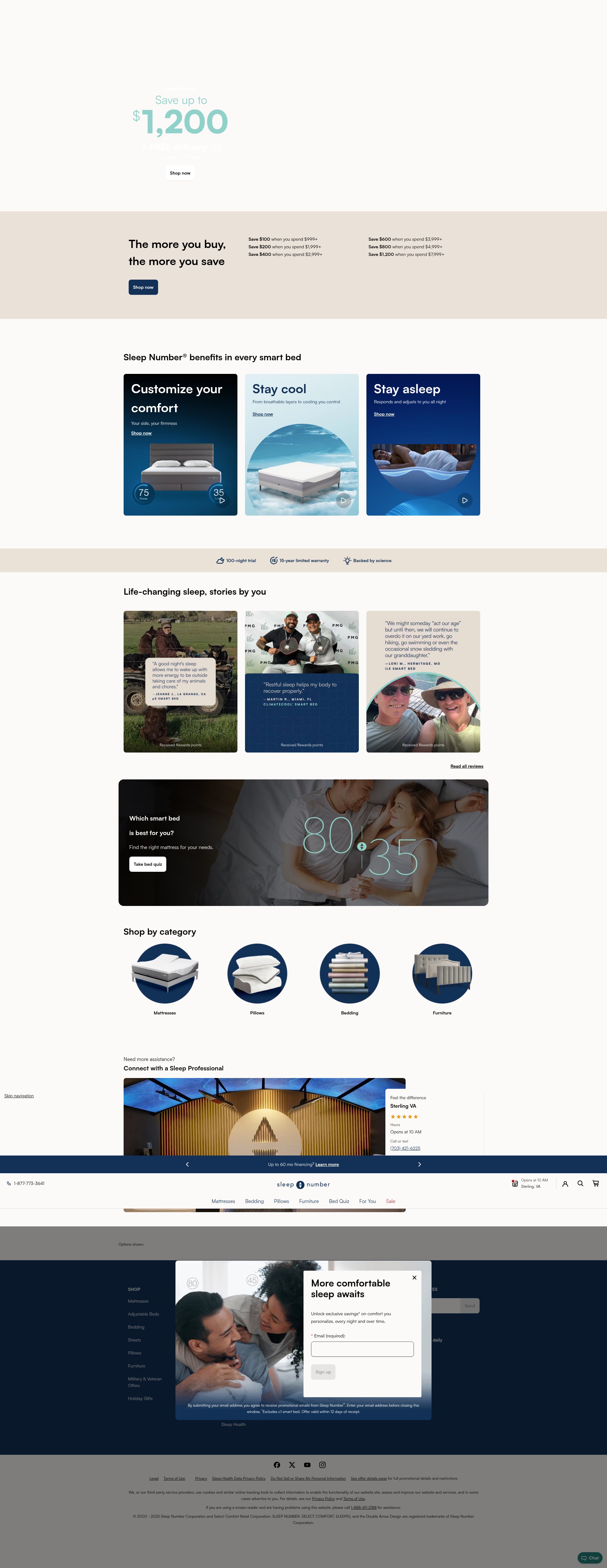 Screenshot of sleepnumber.com
