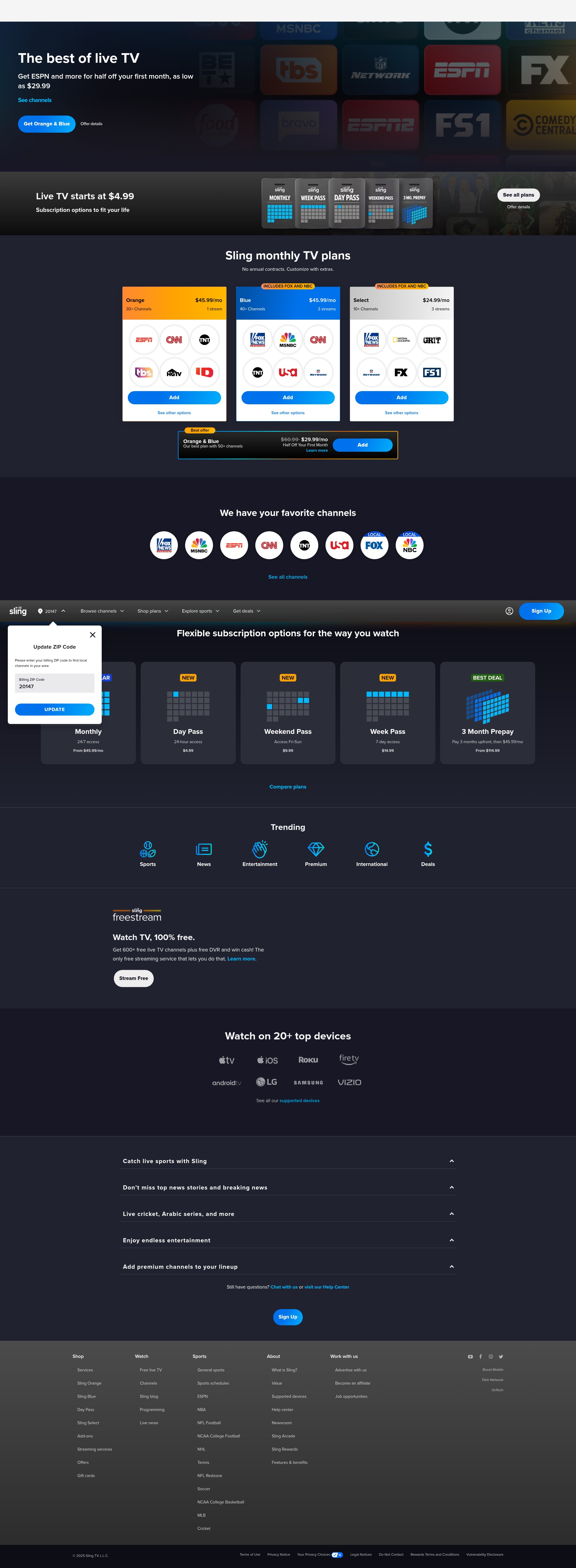 Screenshot of sling.com