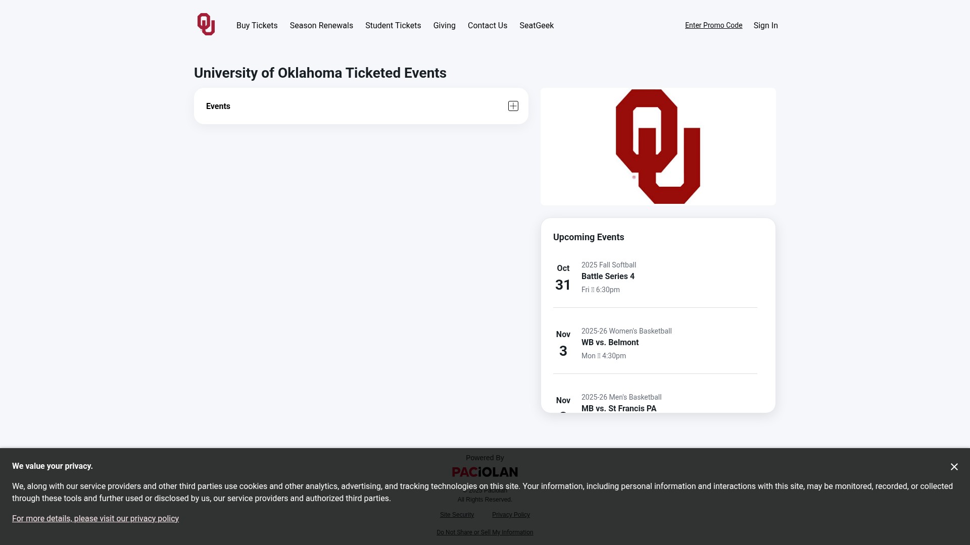 Screenshot of soonersports.evenue.net