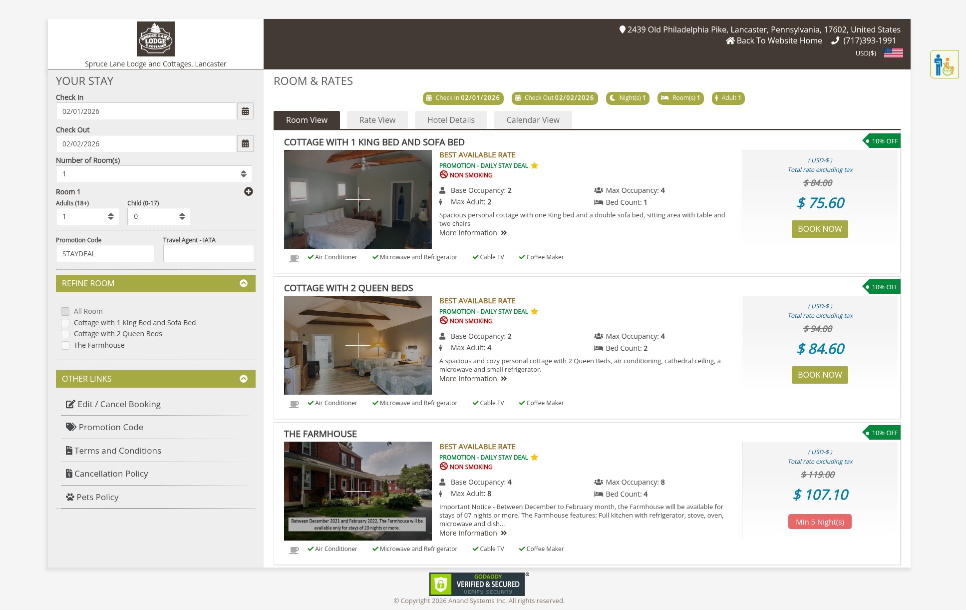 Screenshot of sprucelanecottages.com