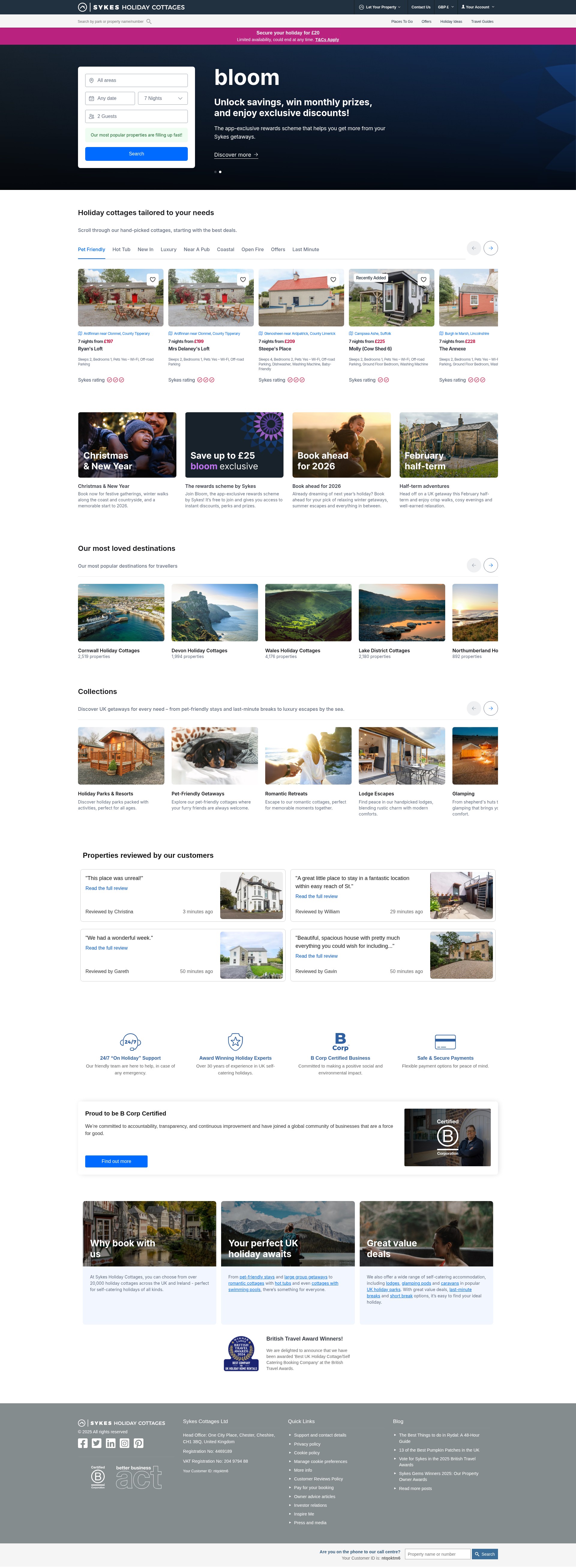 Screenshot of sykescottages.co.uk