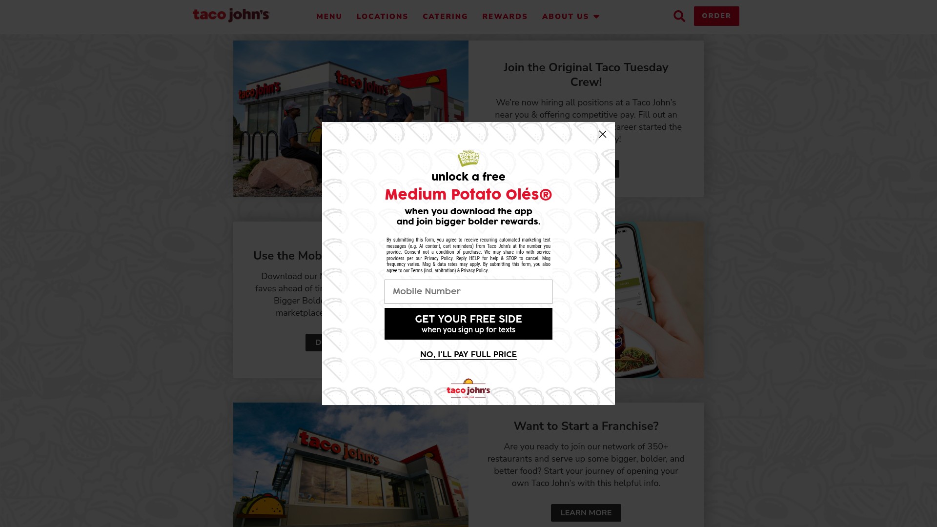 Screenshot of tacojohns.com