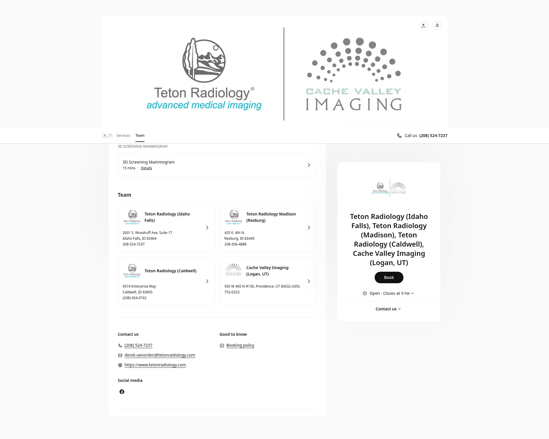 Screenshot of tetonradiology.setmore.com
