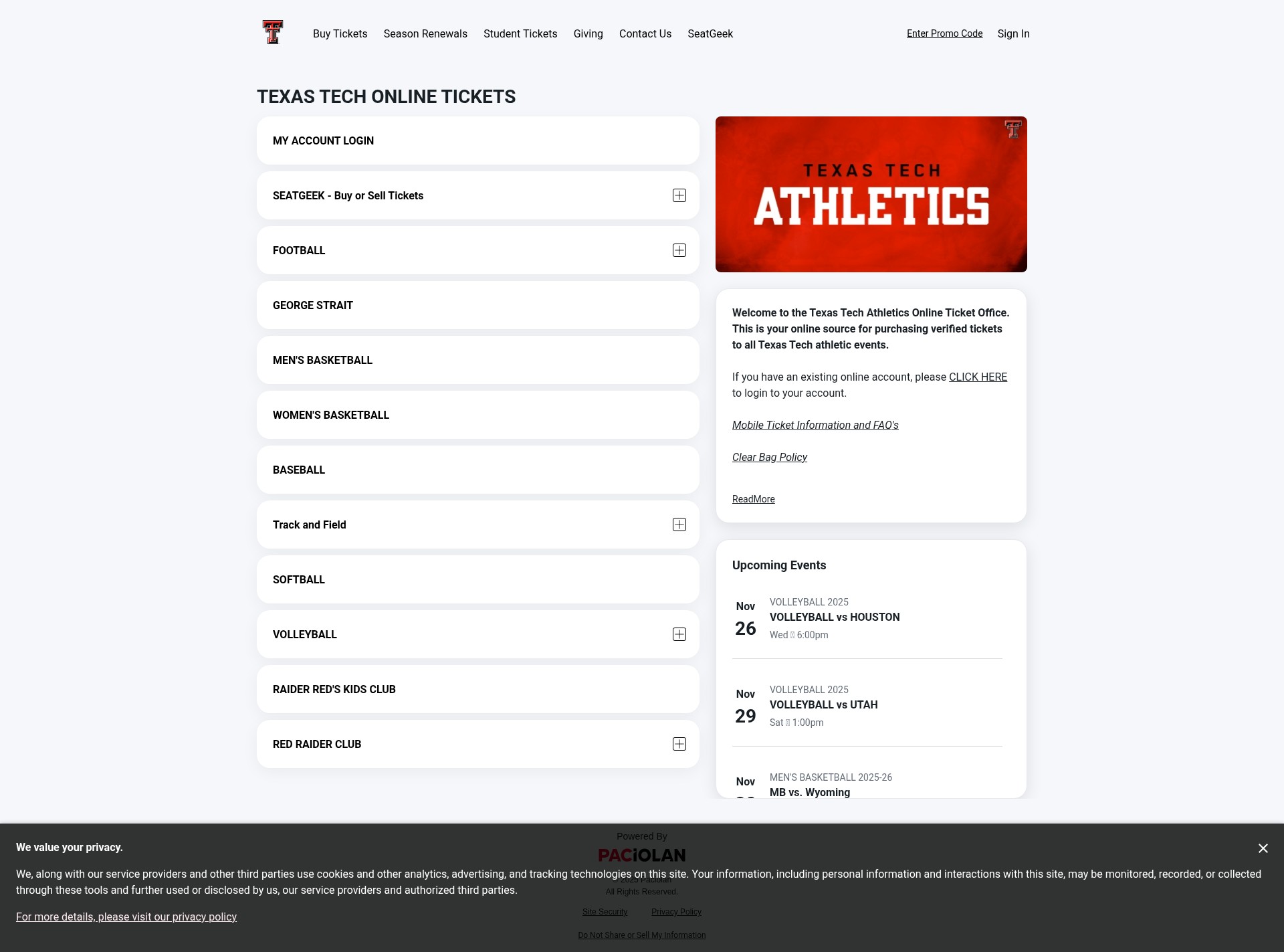 Screenshot of texastech.evenue.net