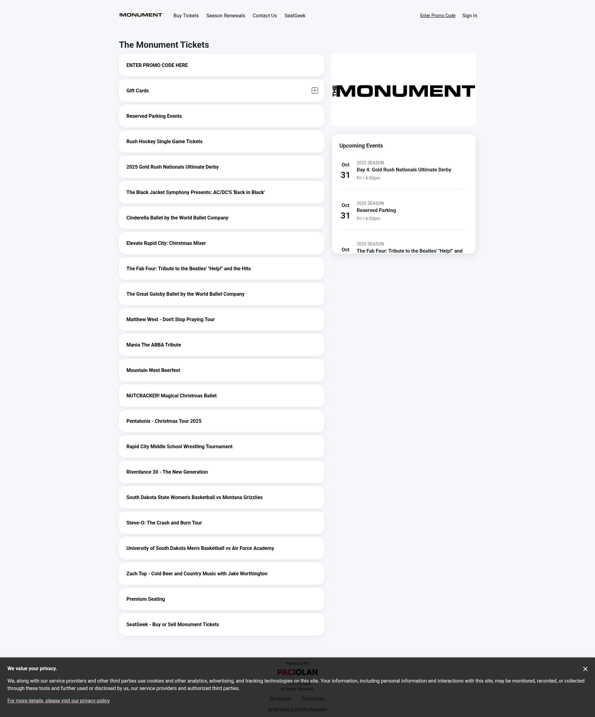 Screenshot of themonument.evenue.net