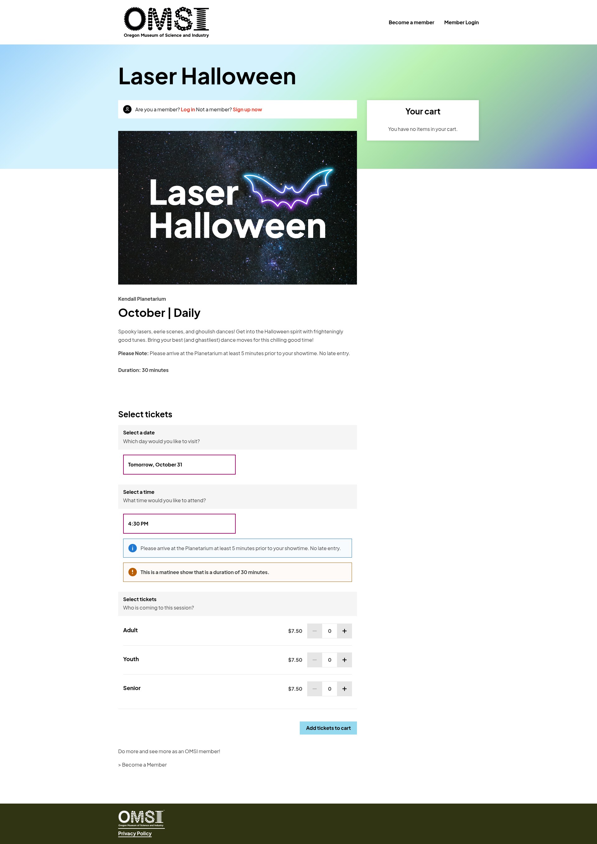 Screenshot of tickets.omsi.edu