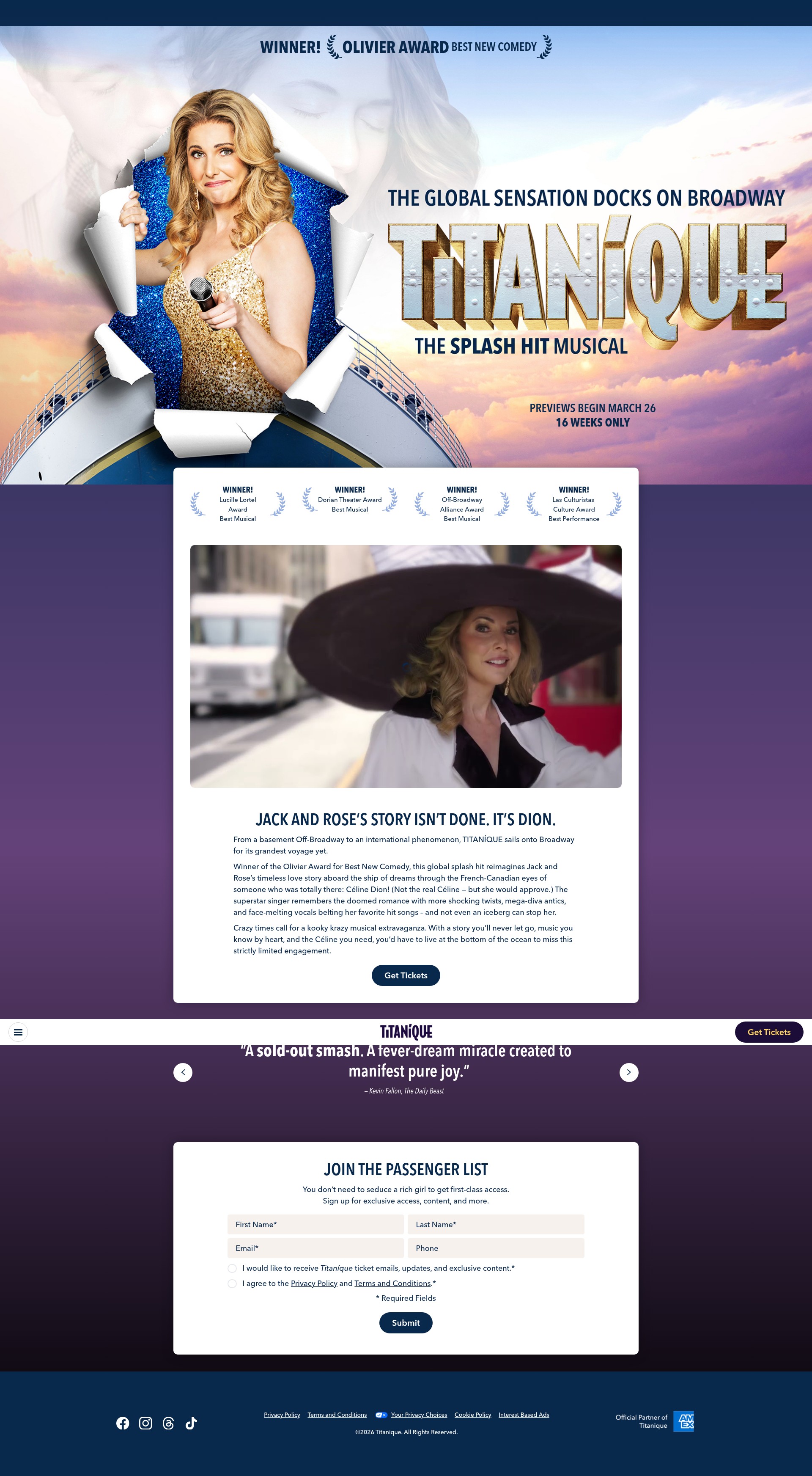 Screenshot of titaniquebroadway.com