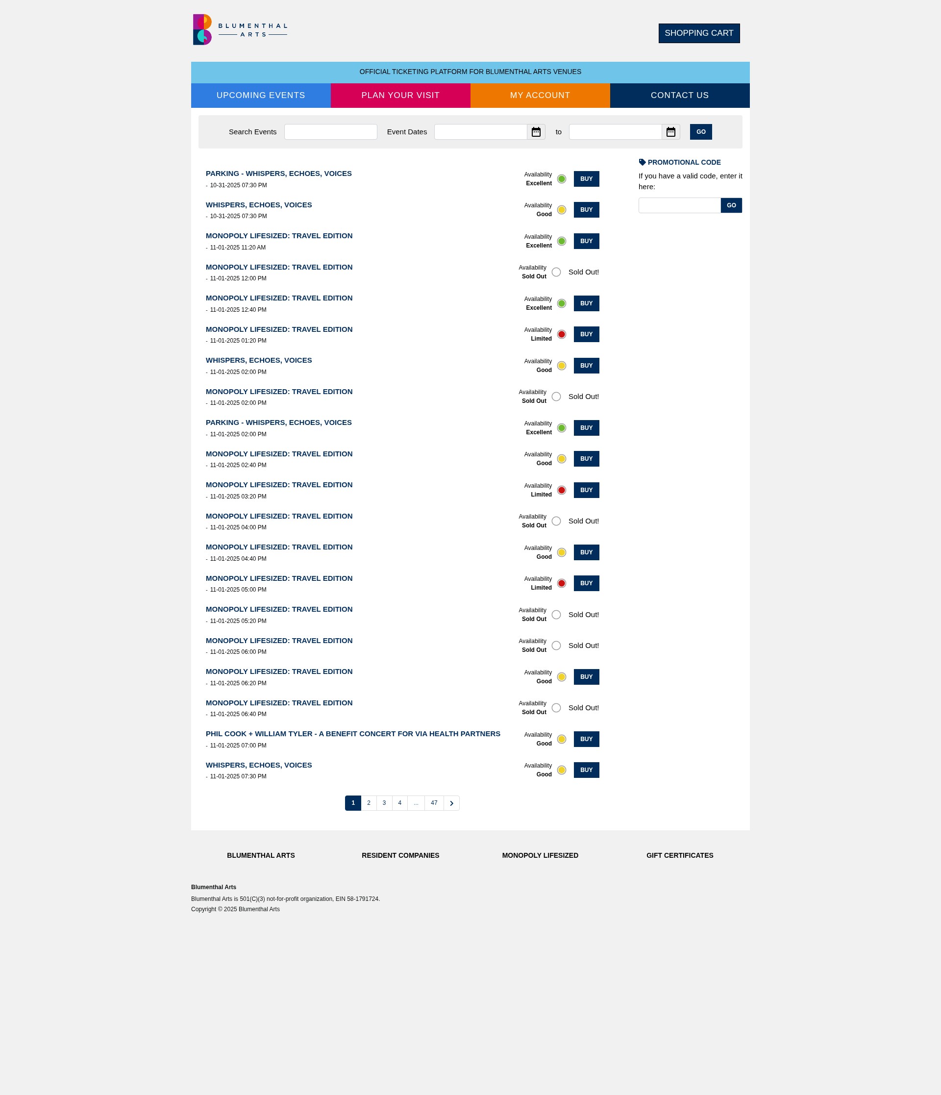 Screenshot of tix.blumenthalarts.org