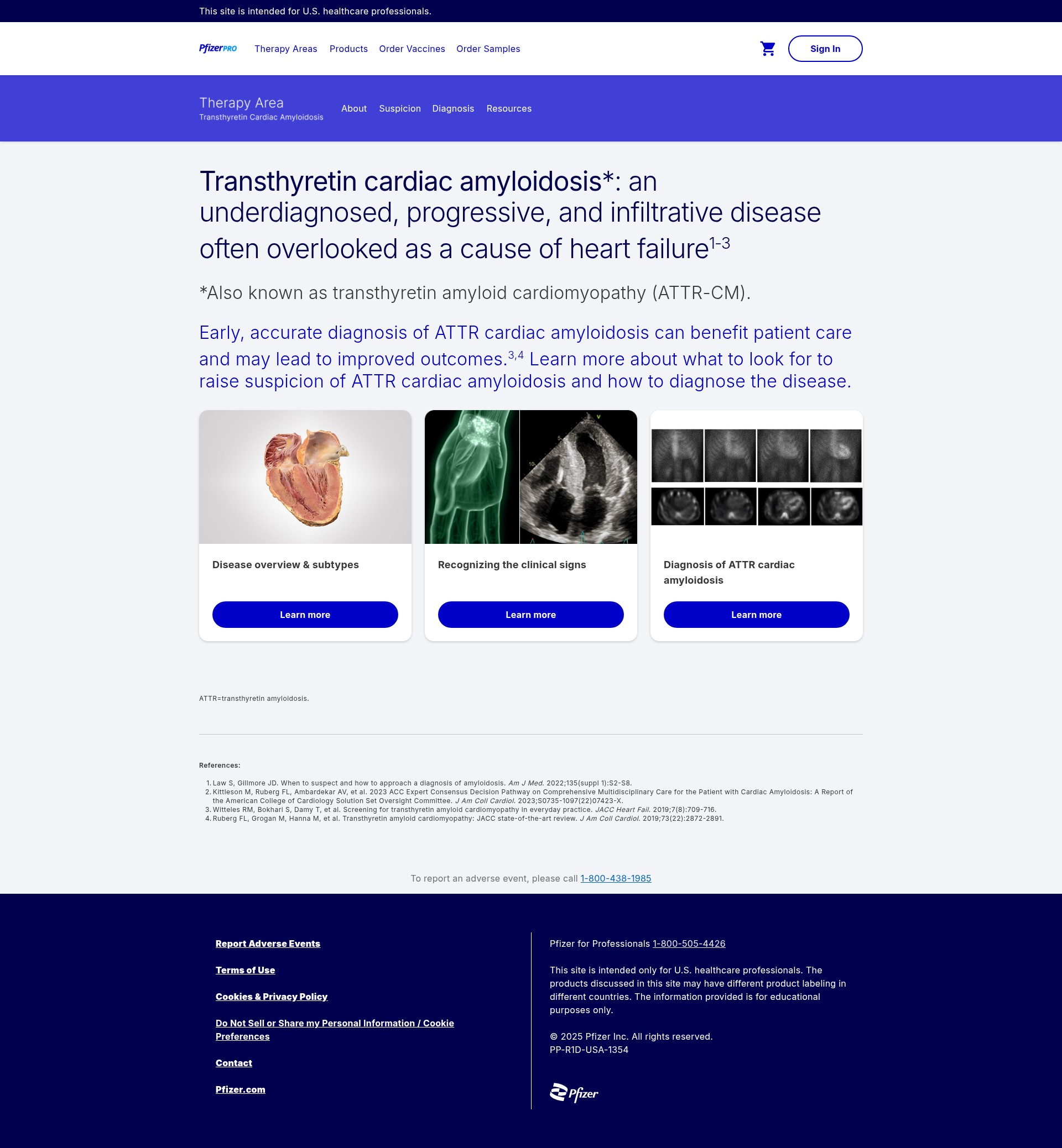 Screenshot of transthyretincardiacamyloidosis.pfizerpro.com