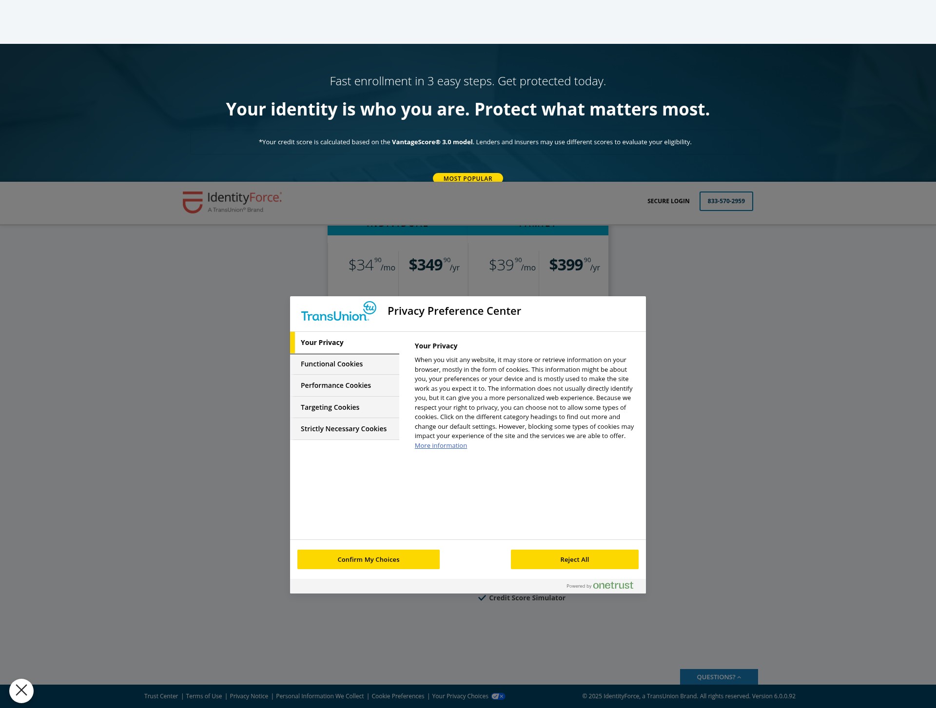 Screenshot of transunion.identityforce.com