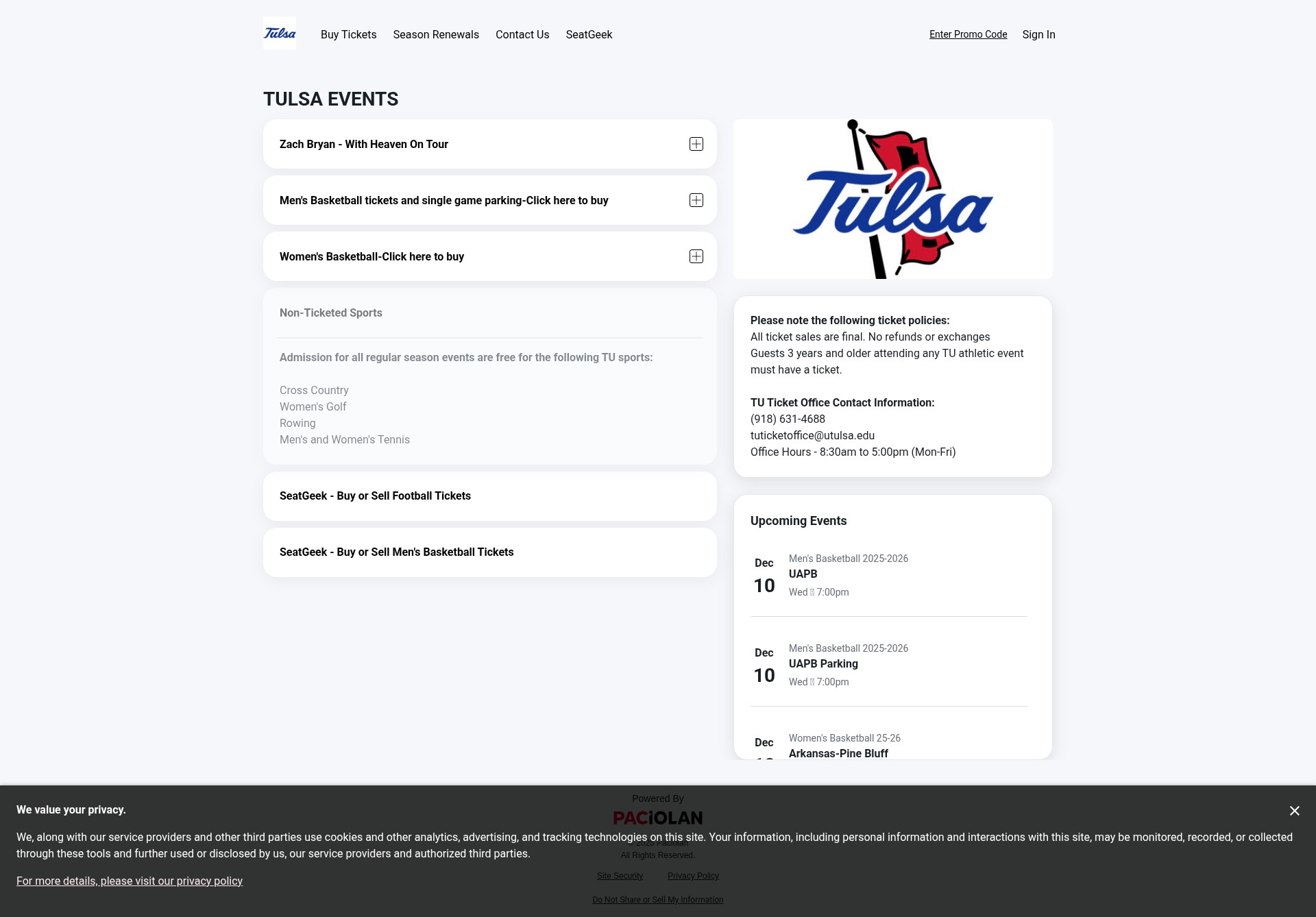 Screenshot of tulsahurricane.evenue.net