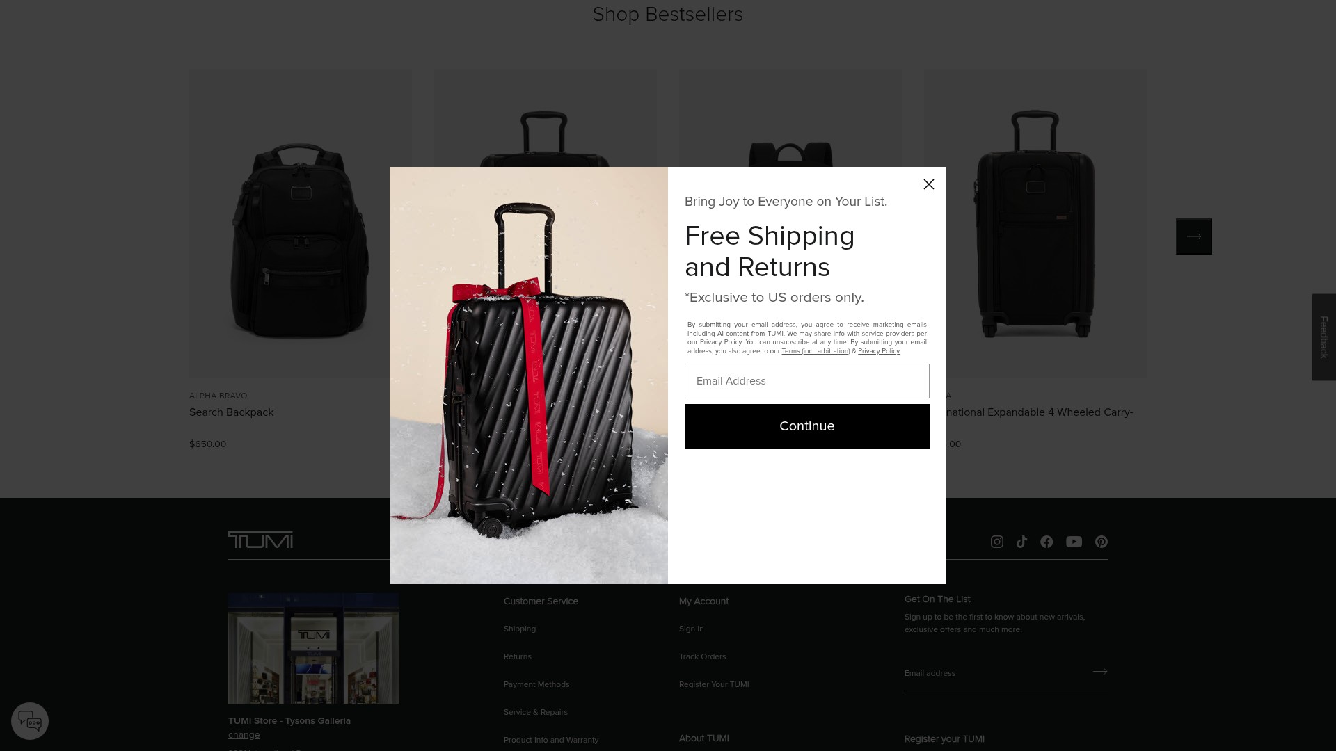Screenshot of tumi.com