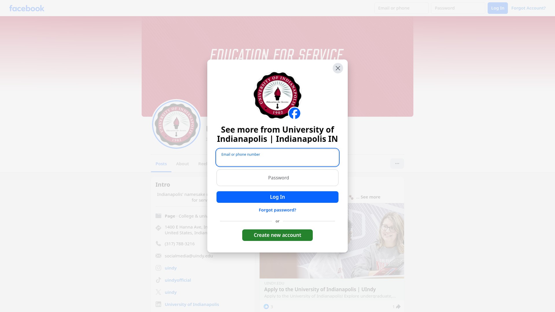 Screenshot of uindy.edu