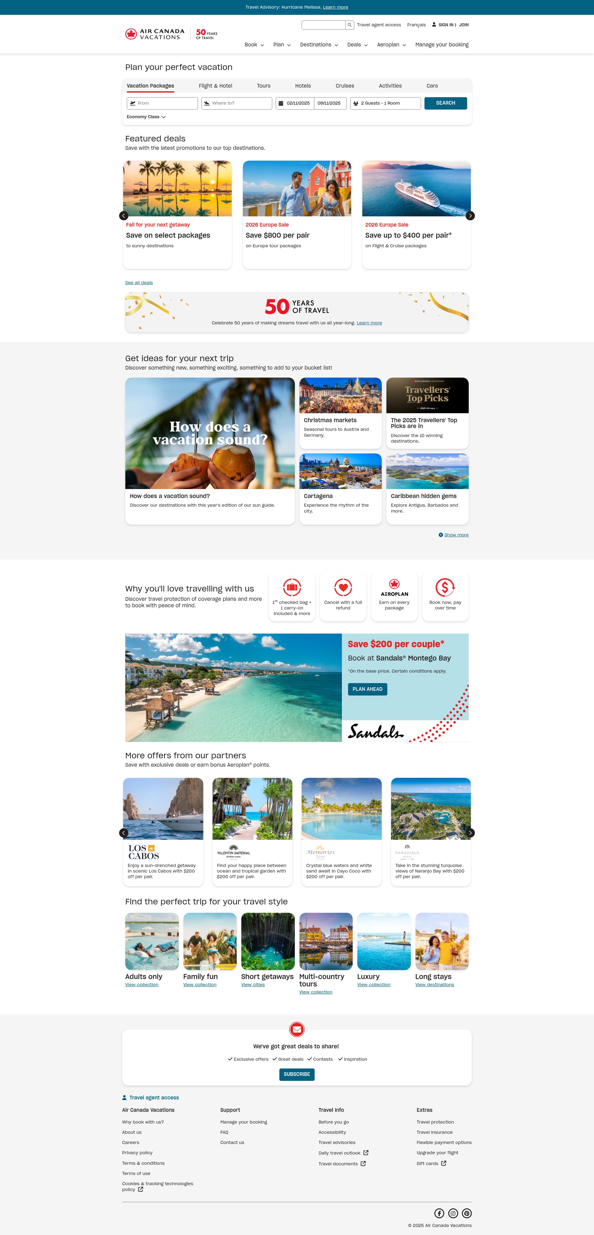 Screenshot of vacations.aircanada.com