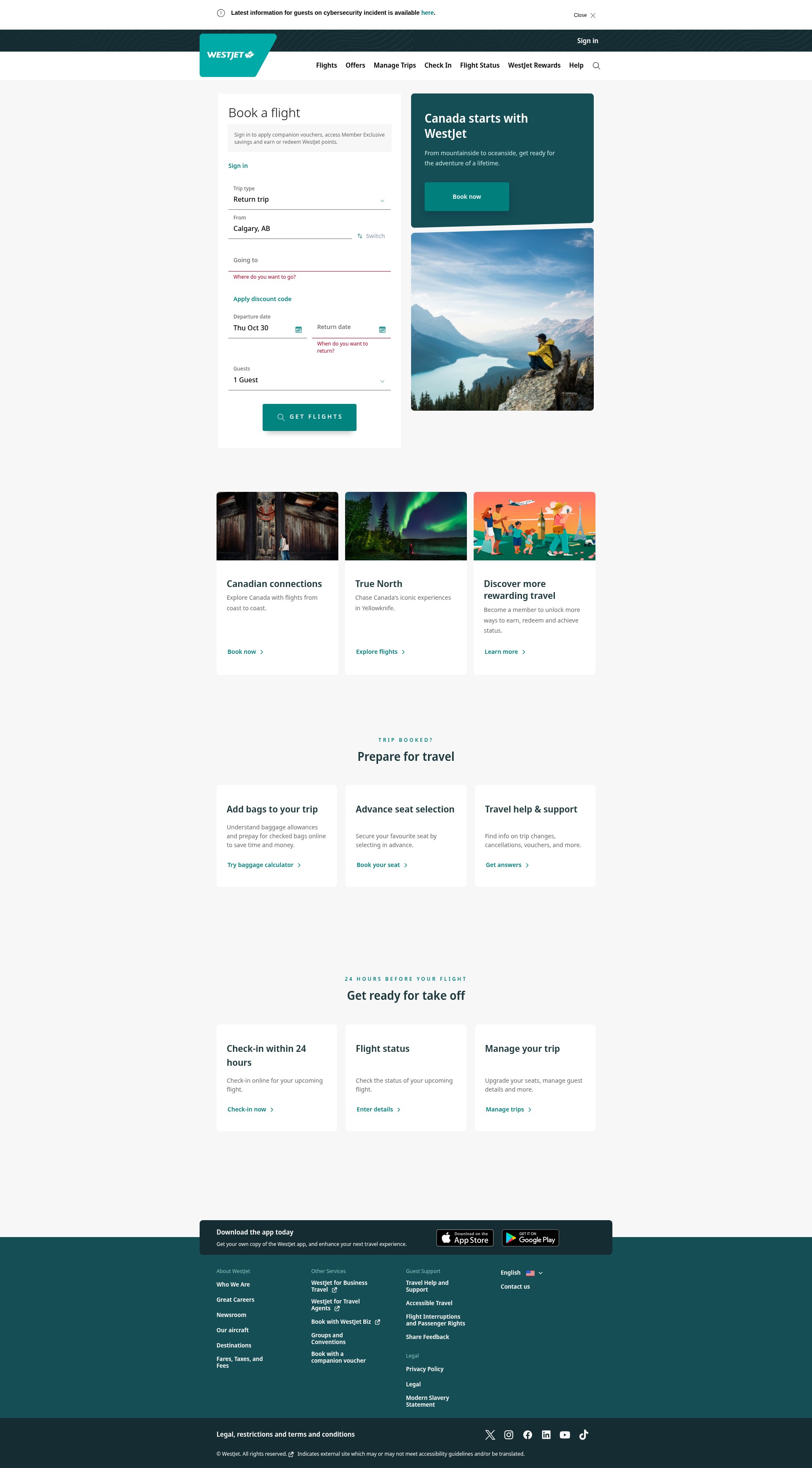 Screenshot of westjet.com