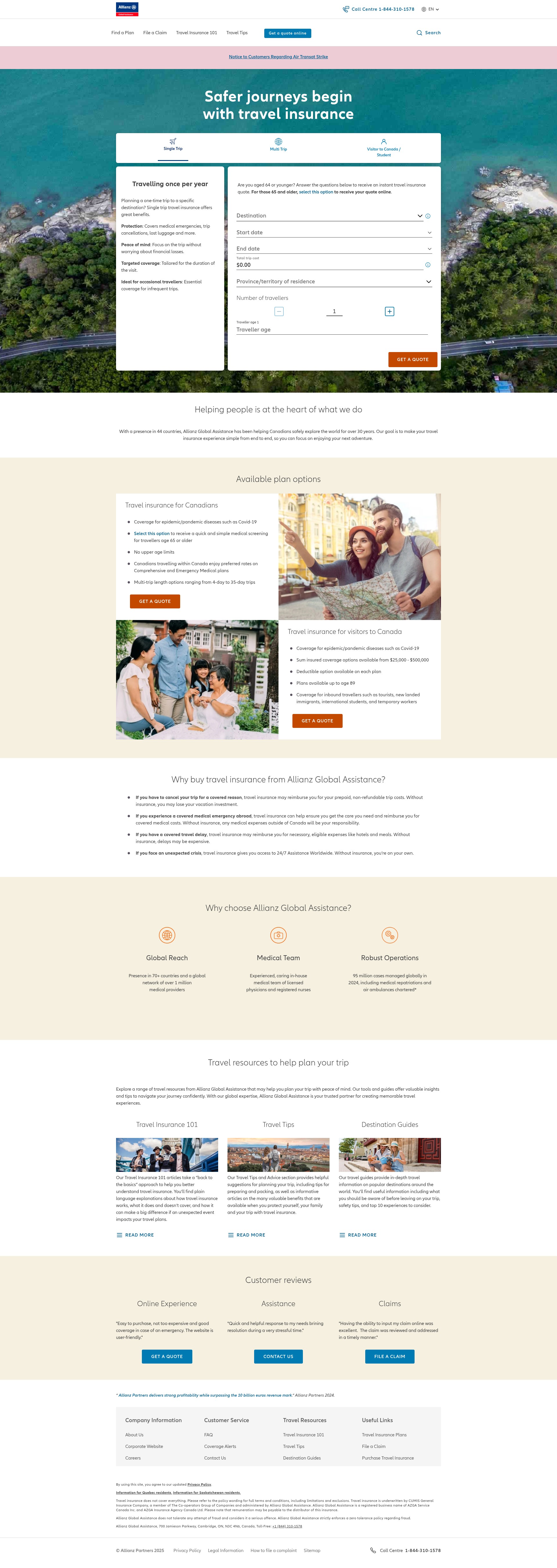 Screenshot of www.allianztravelinsurance.ca