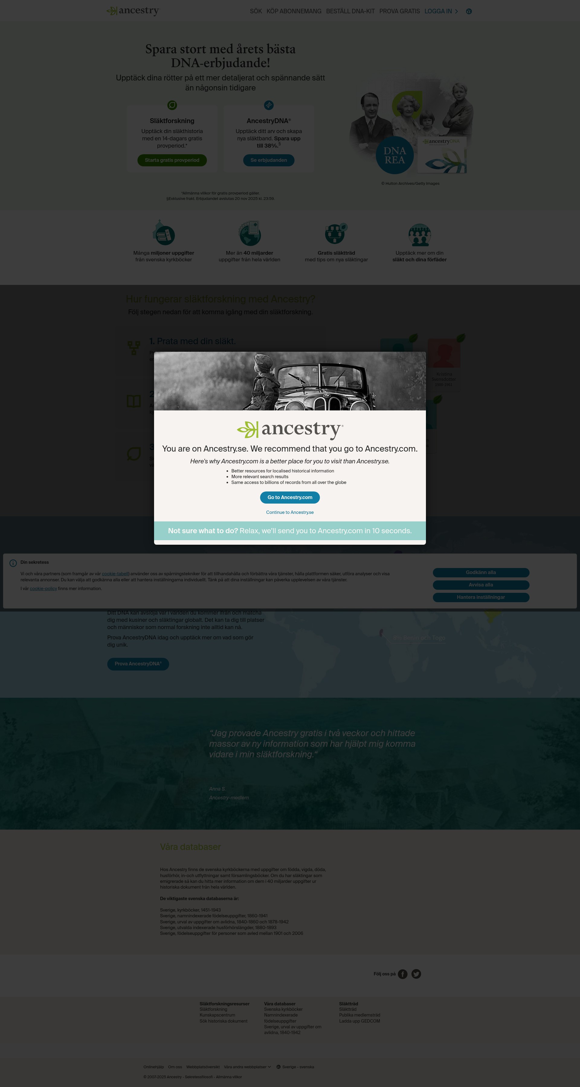 Screenshot of www.ancestry.se