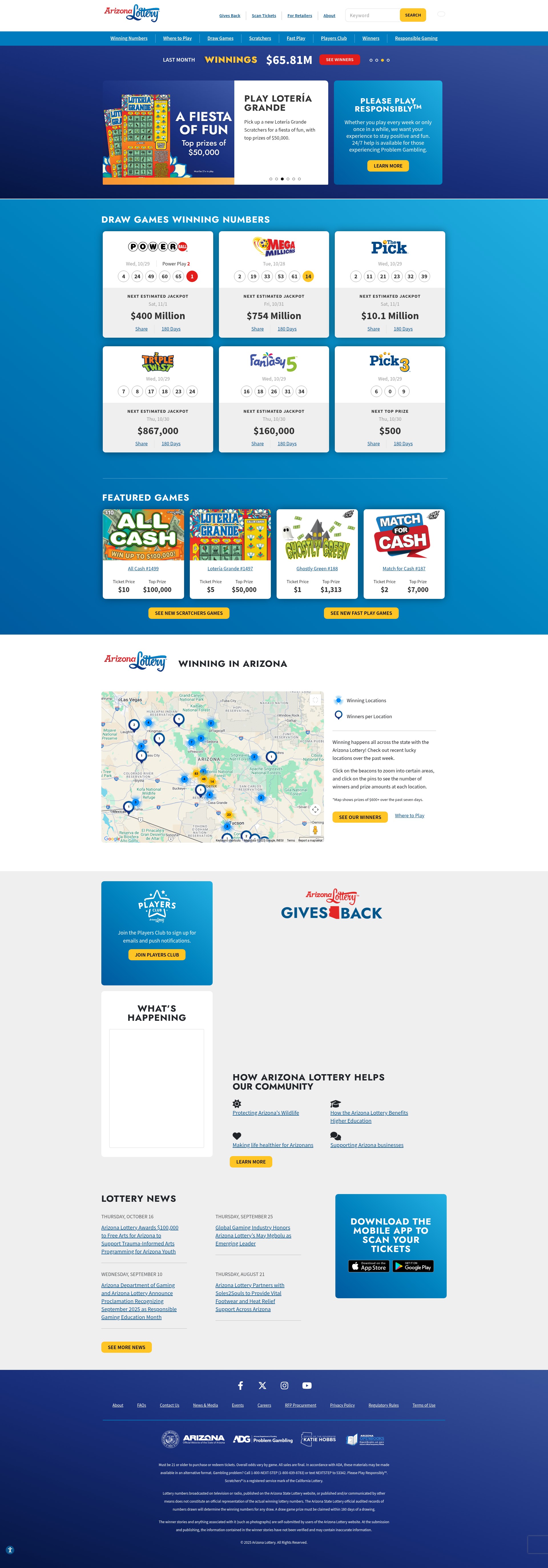Screenshot of www.arizonalottery.com