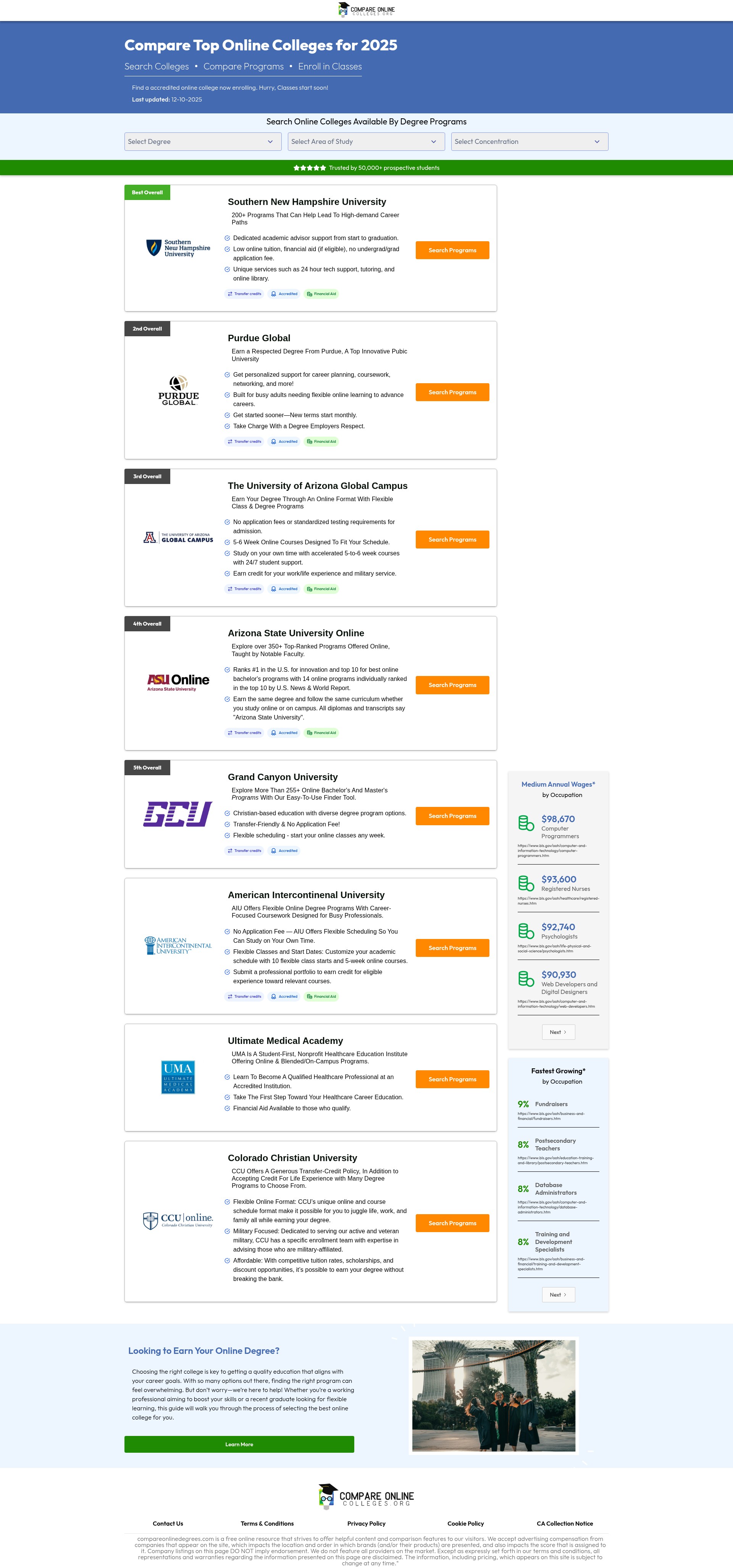 Screenshot of www.compareonlinecolleges.org