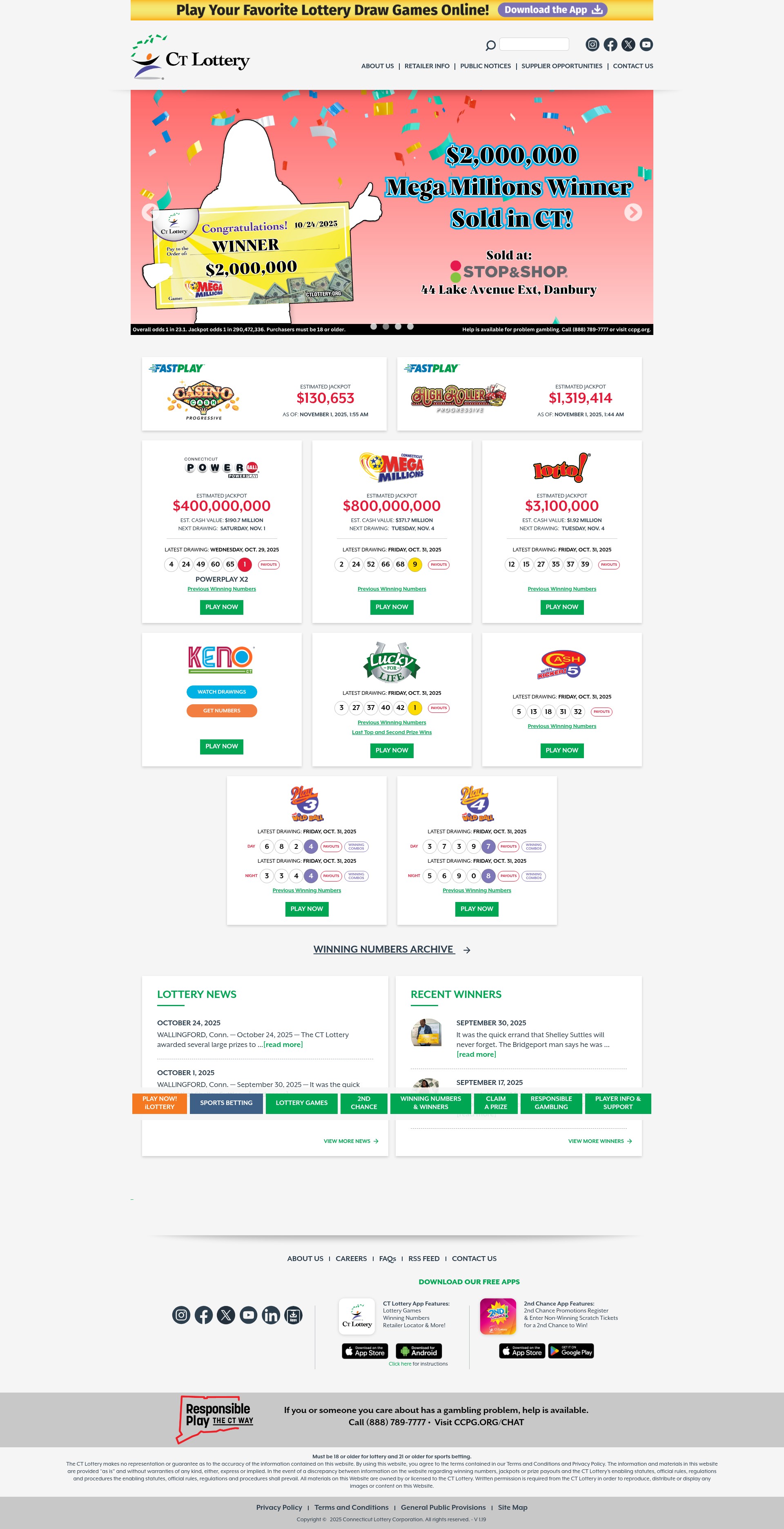 Screenshot of www.ctlottery.org