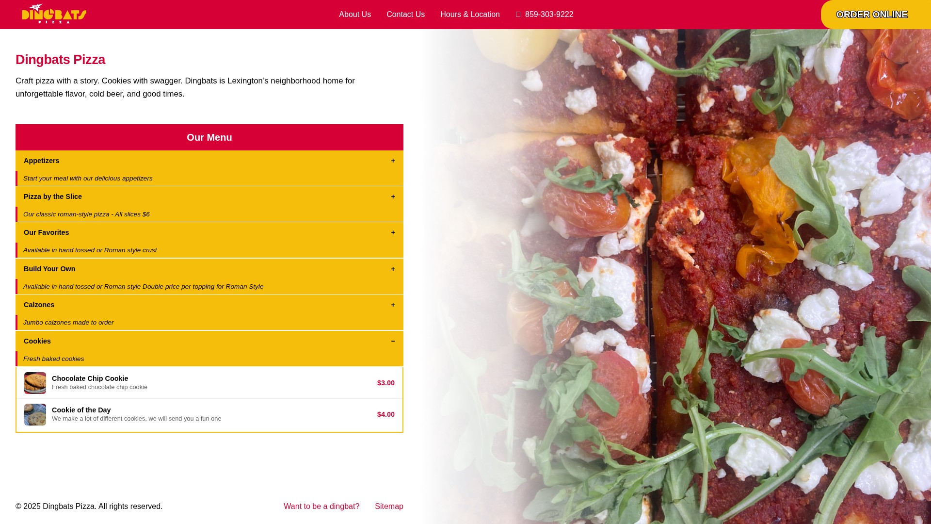 Screenshot of www.dingbatspizza.com