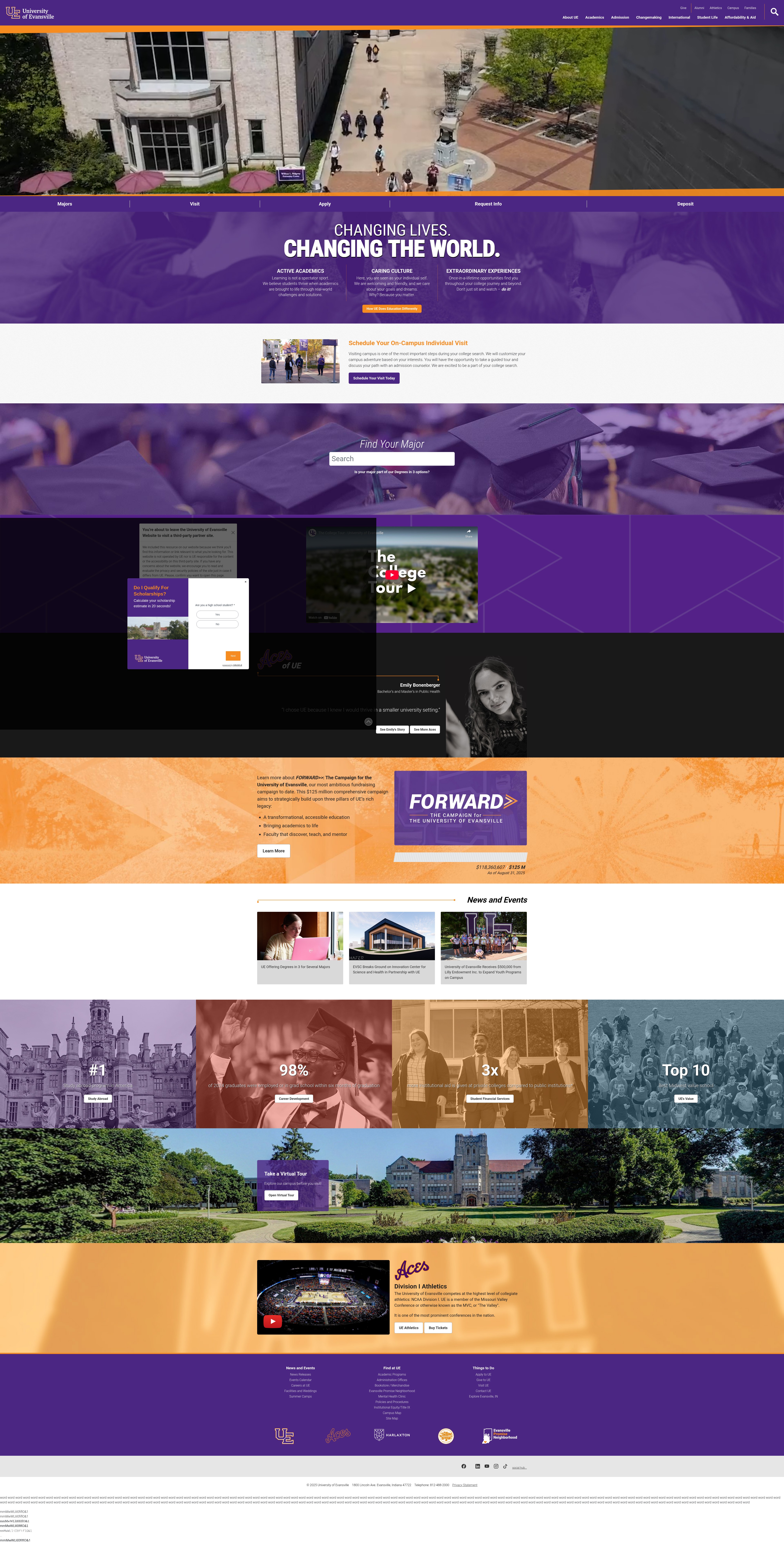 Screenshot of www.evansville.edu