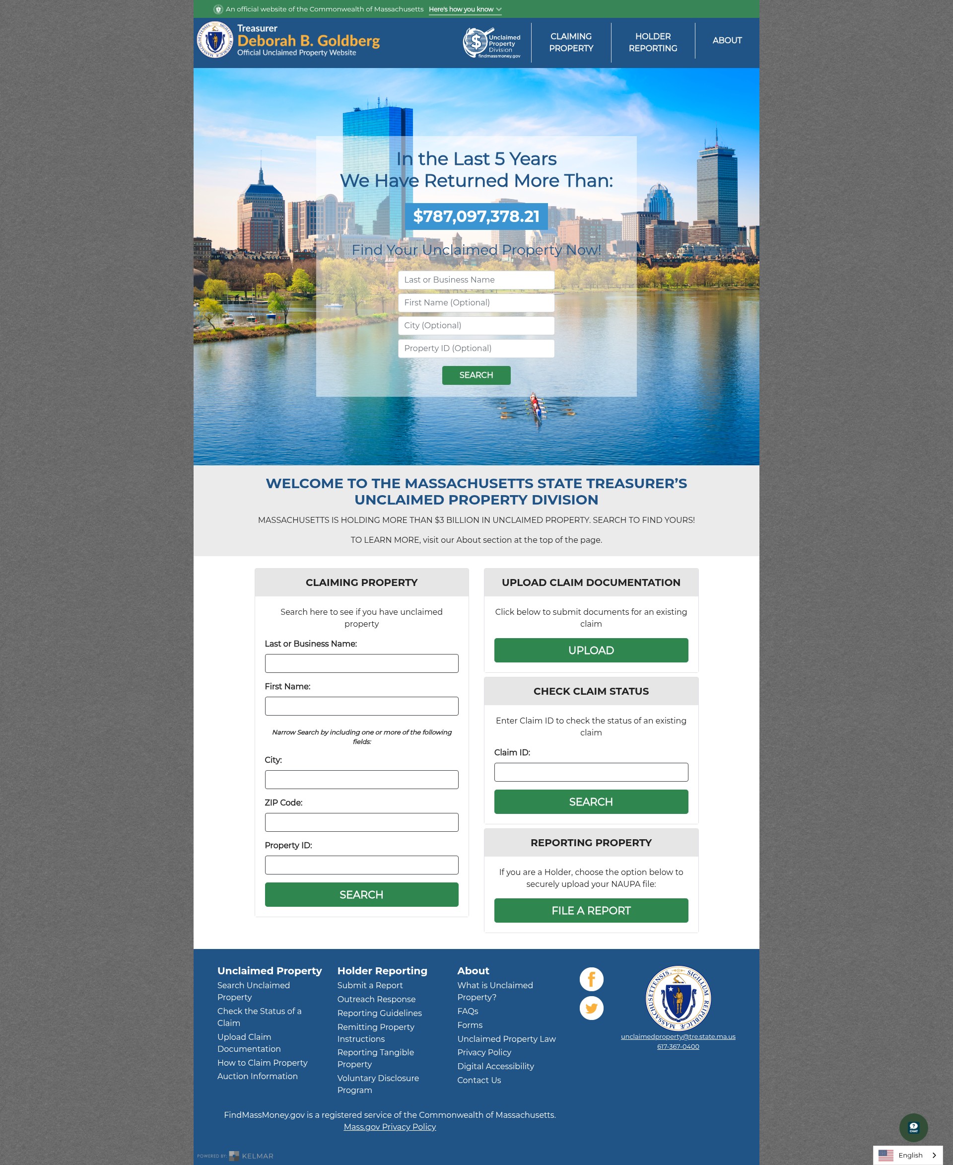 Screenshot of www.findmassmoney.gov