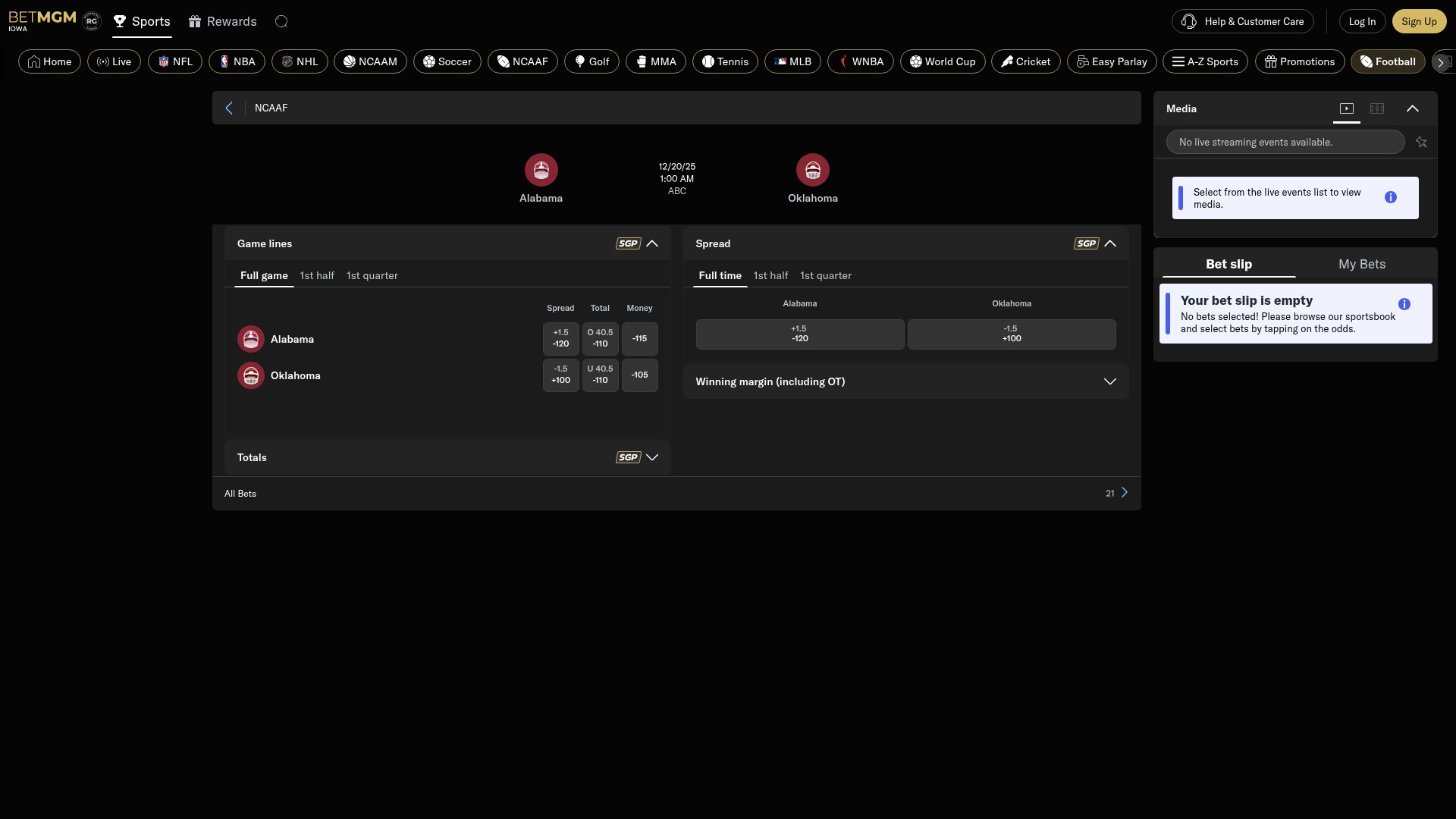 Screenshot of www.ia.betmgm.com