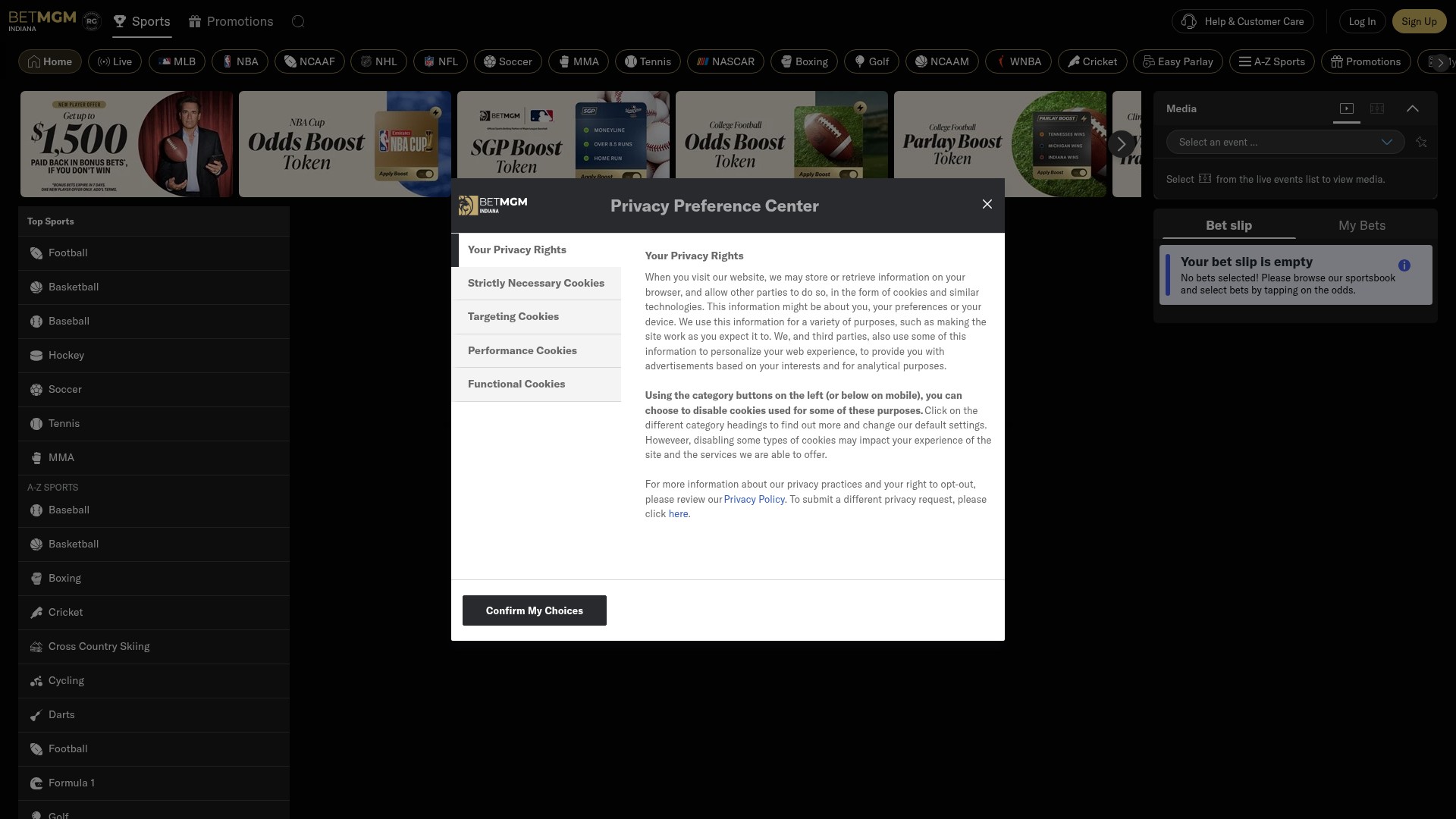 Screenshot of www.in.betmgm.com