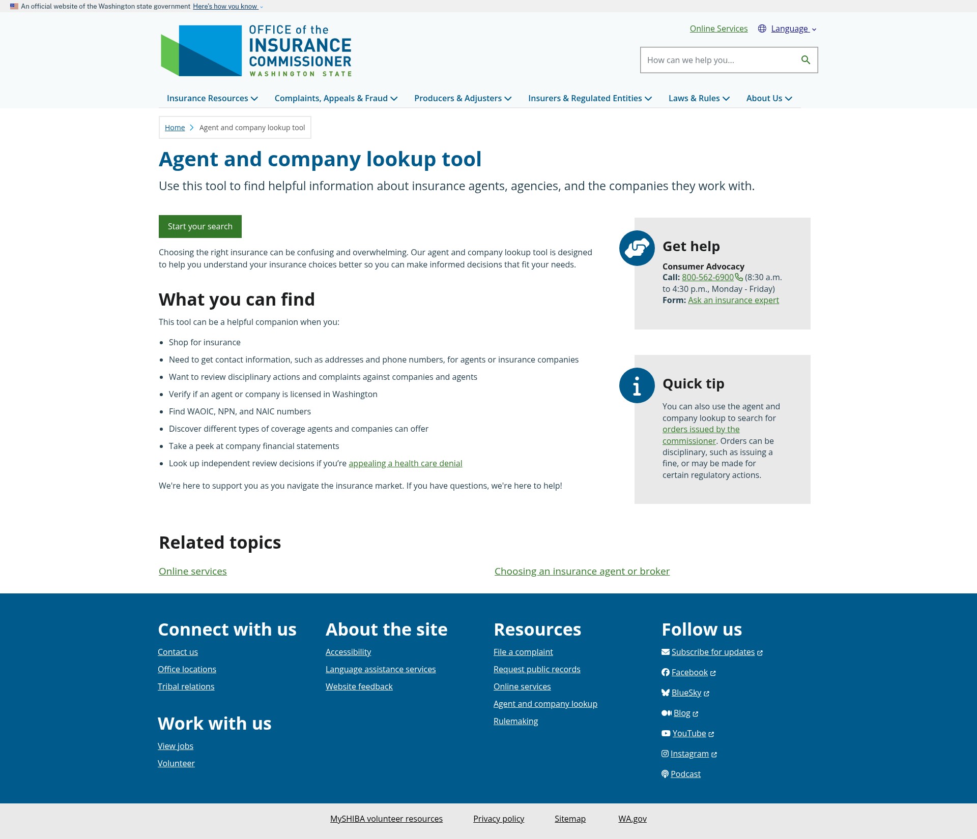 Screenshot of www.insurance.wa.gov