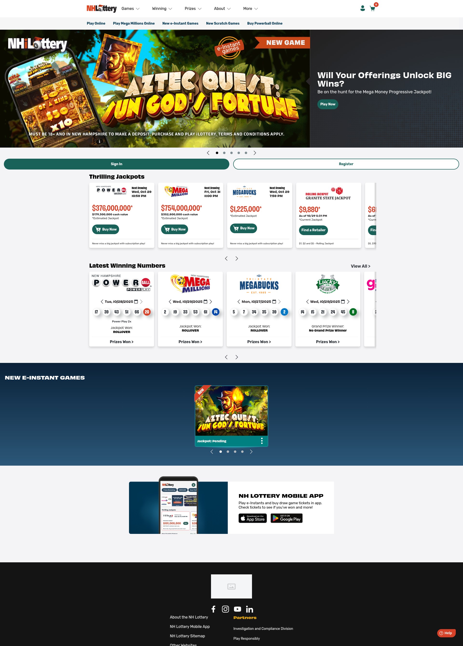 Screenshot of www.nhlottery.com