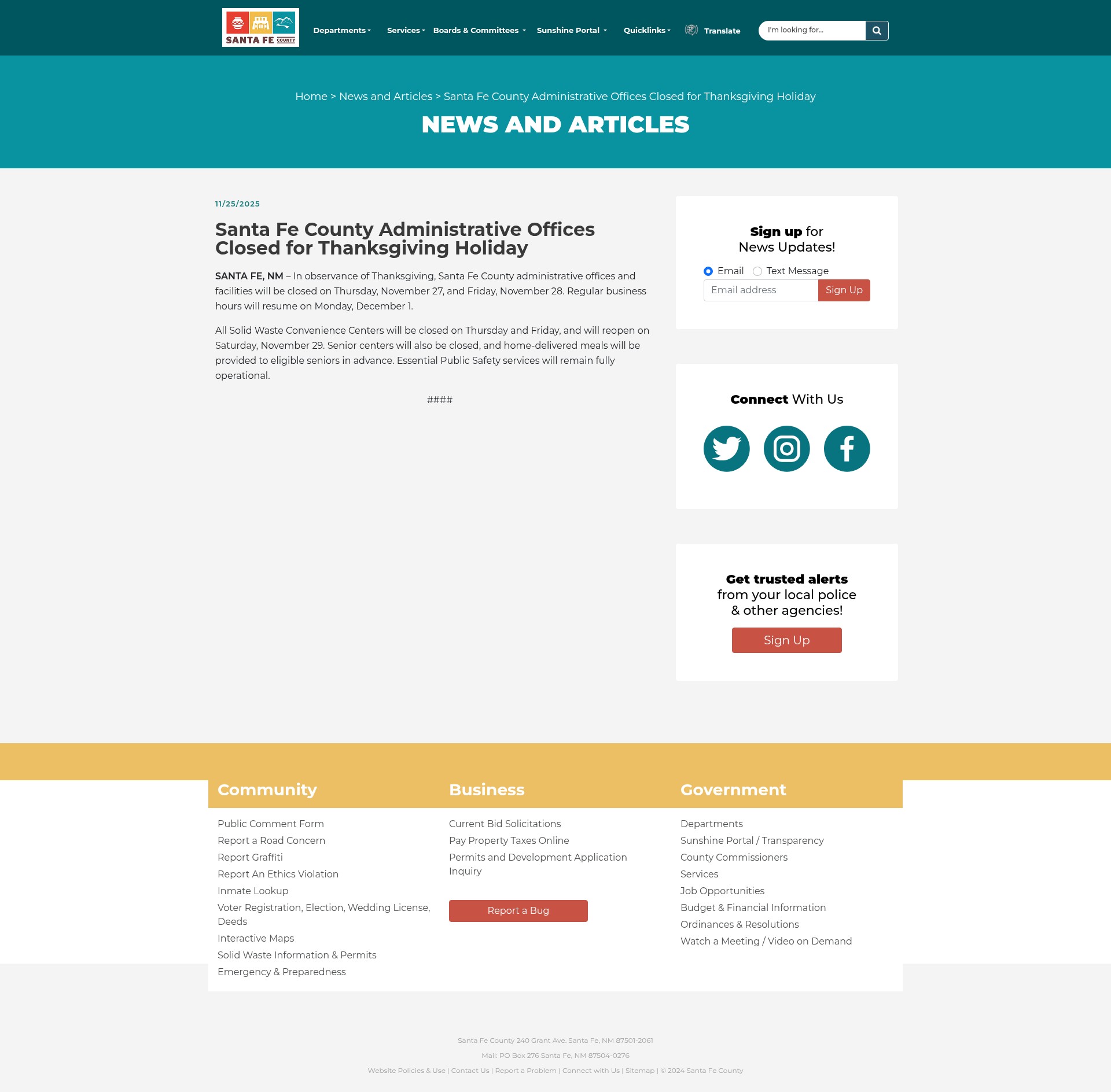 Screenshot of www.santafecountynm.gov
